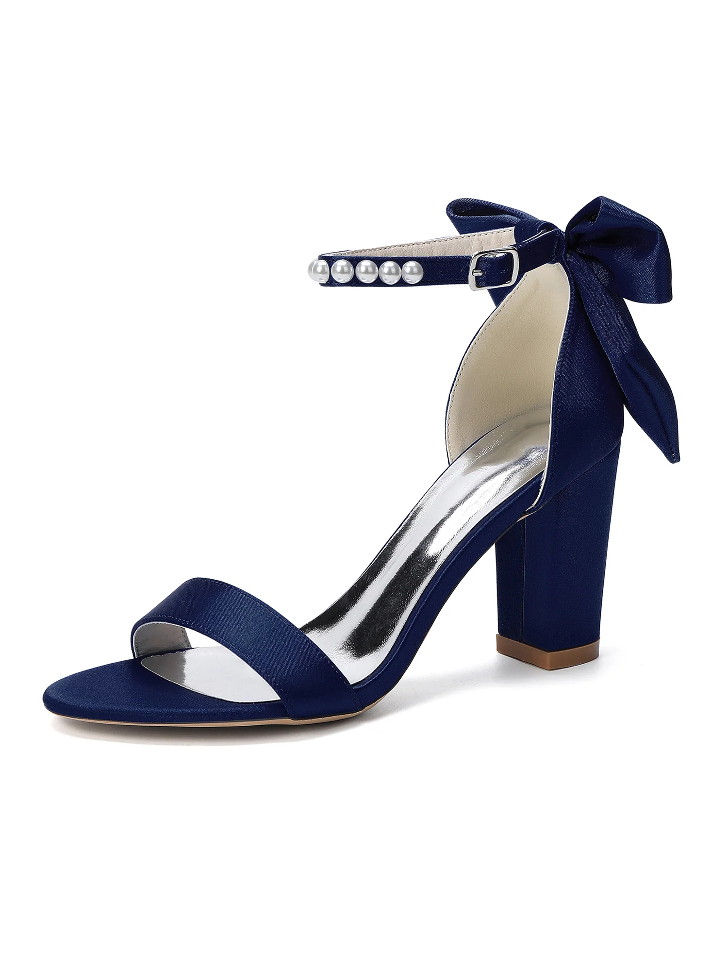 Pearl Ankle Strap Satin Block Heel Sandals with Bow