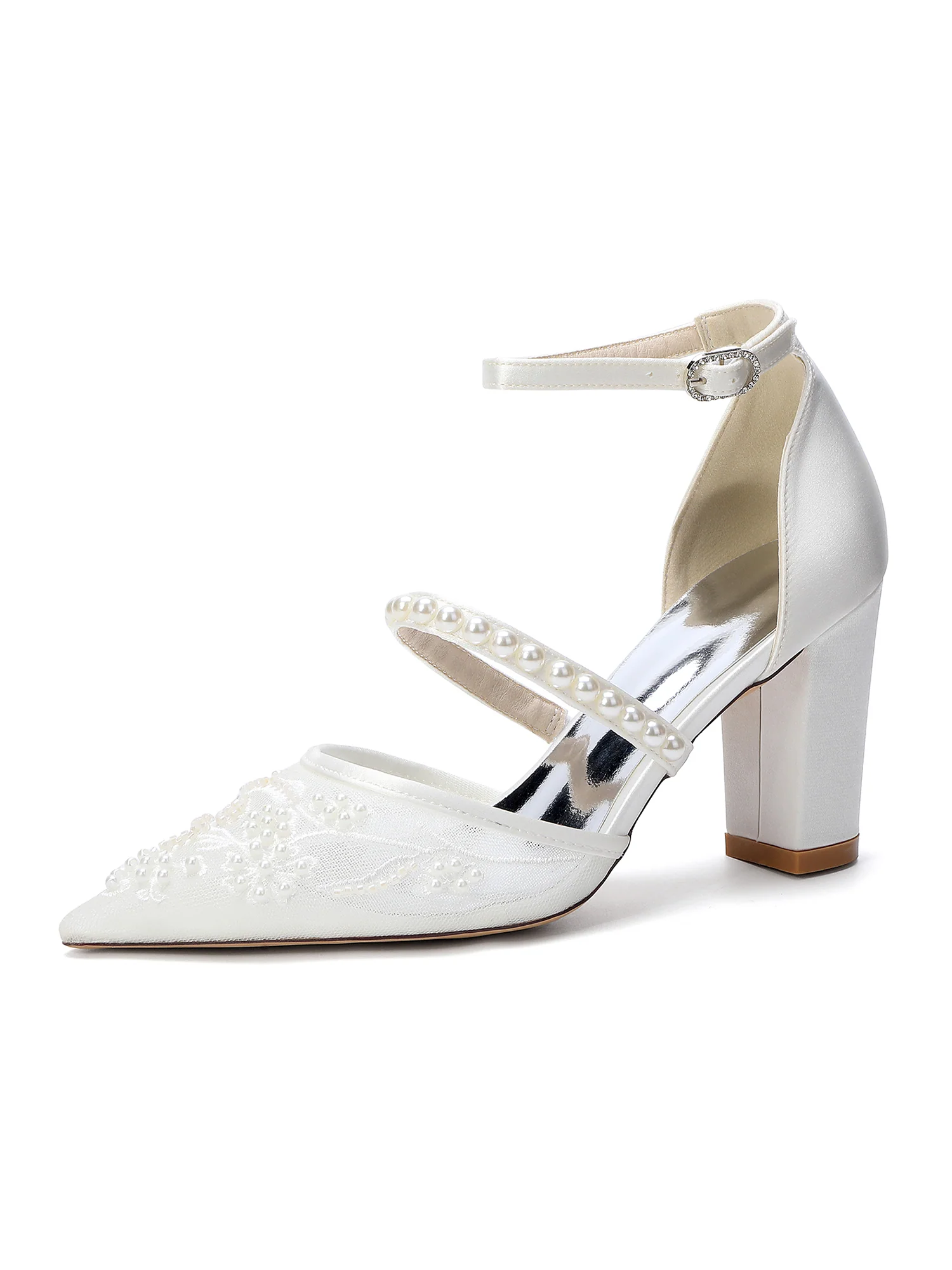 Pointed Toe Pearl Embroidery Block Heel Sandals - Image 3