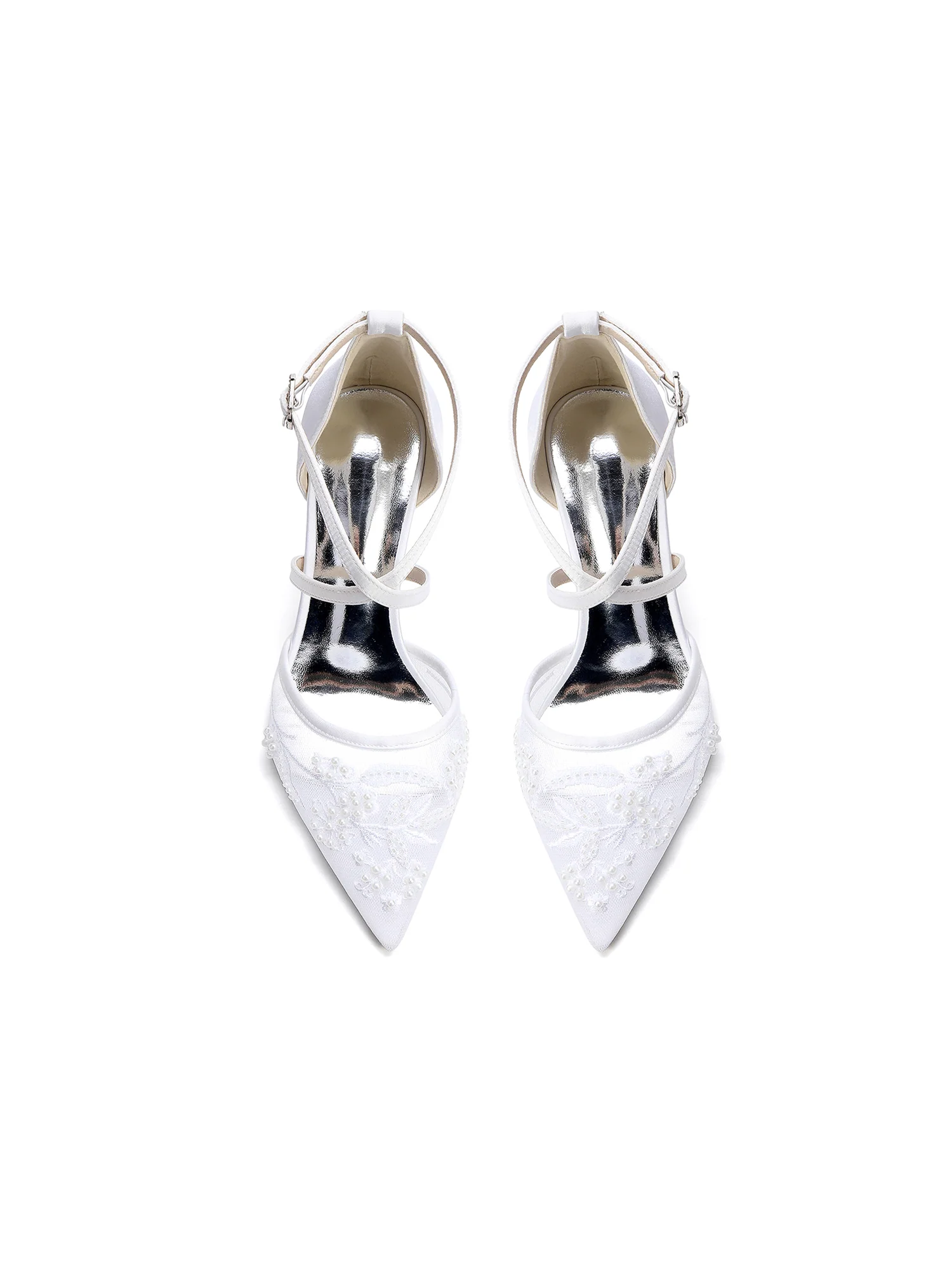Pointed Toe Pearl Embroidery Cross Strap Block Heel Pumps - Image 11