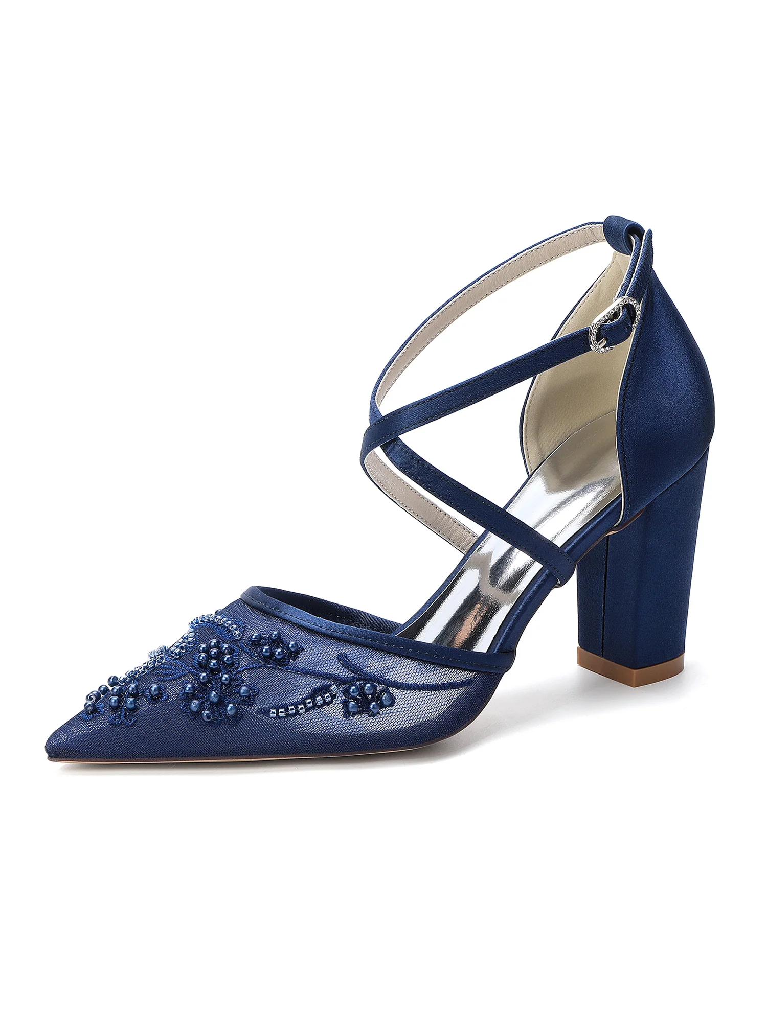 Pointed Toe Pearl Embroidery Cross Strap Block Heel Pumps - Image 2