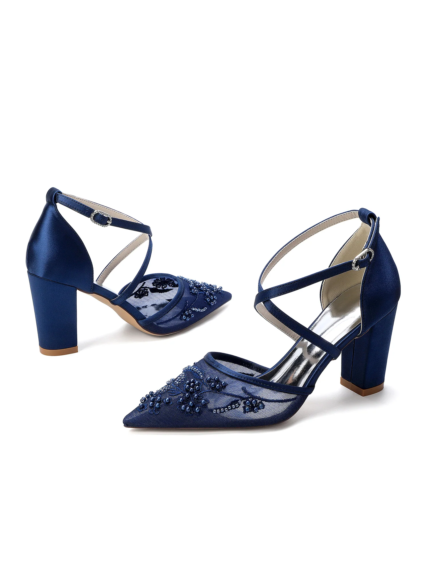 Pointed Toe Pearl Embroidery Cross Strap Block Heel Pumps - Image 3