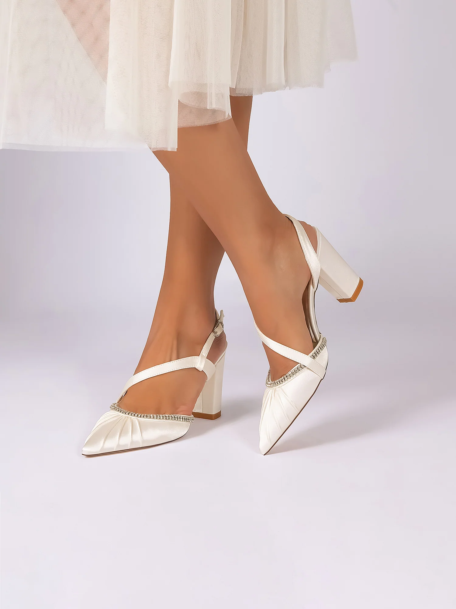 Pleated Satin Block Heel Pumps with Rhinestones - Image 14