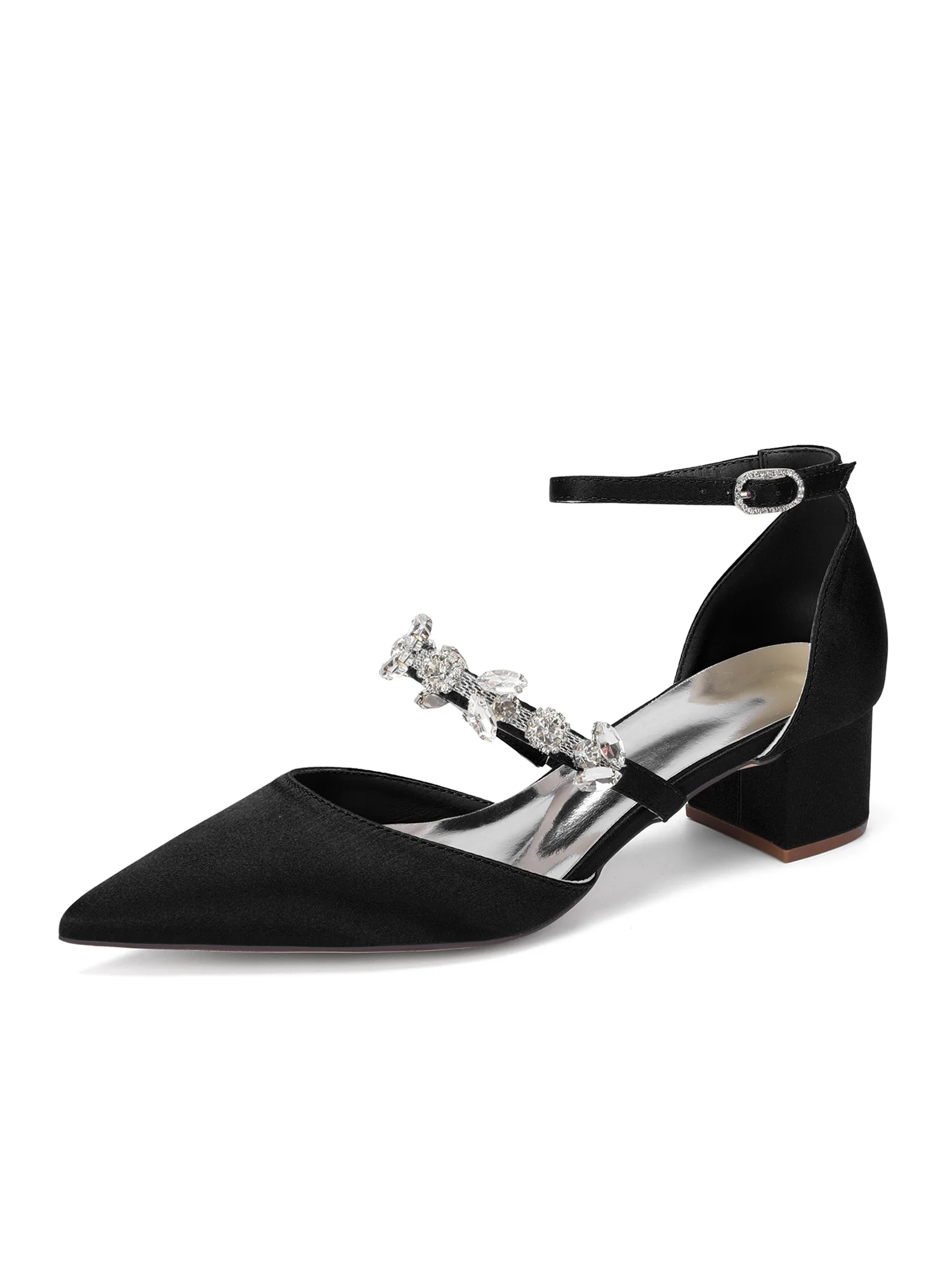 Pointed Toe Satin Block Heels with Crystal Strap