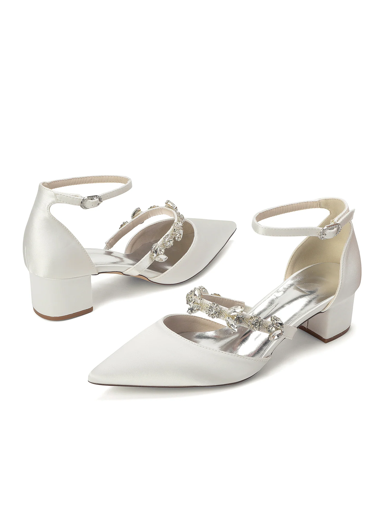 Pointed Toe Satin Block Heels with Crystal Strap - Image 12