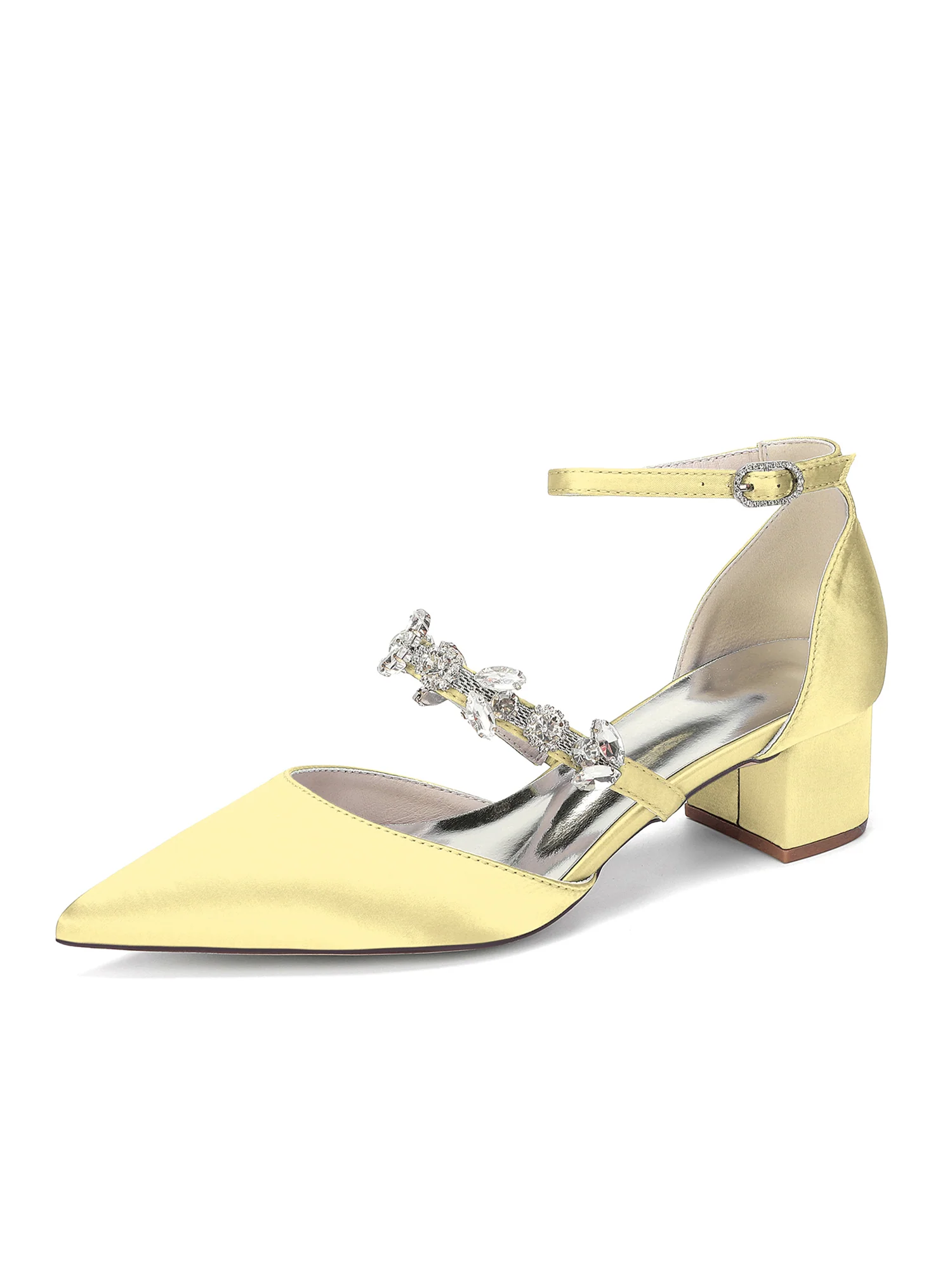 Pointed Toe Satin Block Heels with Crystal Strap - Image 4
