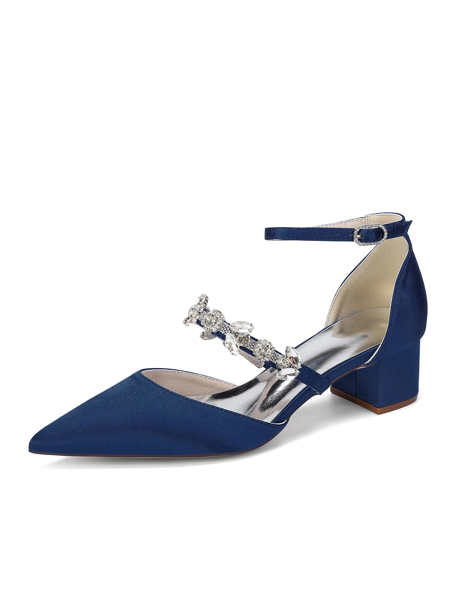 Pointed Toe Satin Block Heels with Crystal Strap - Image 5