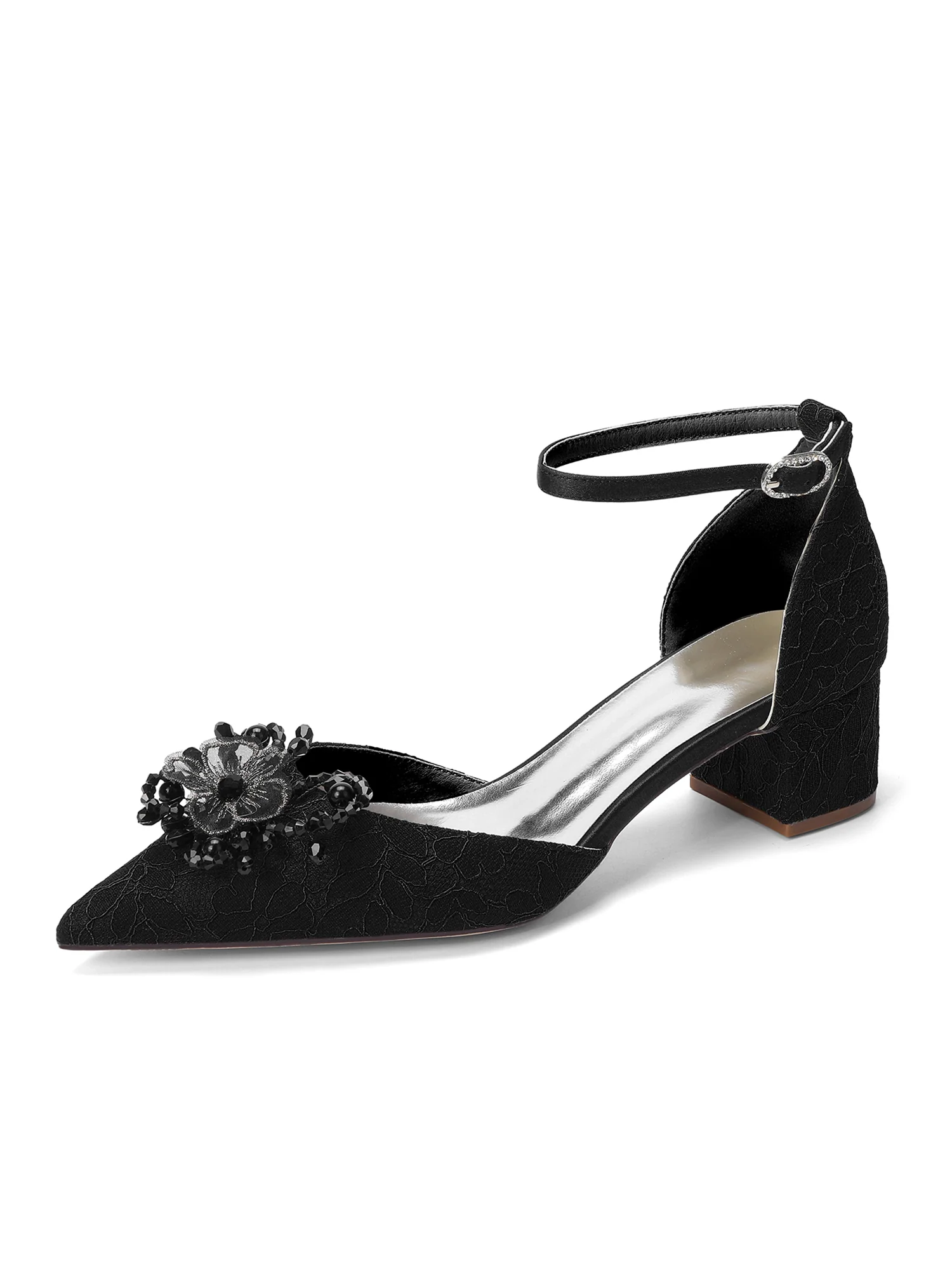 Lace Block Heels with Crystal Flower Brooch