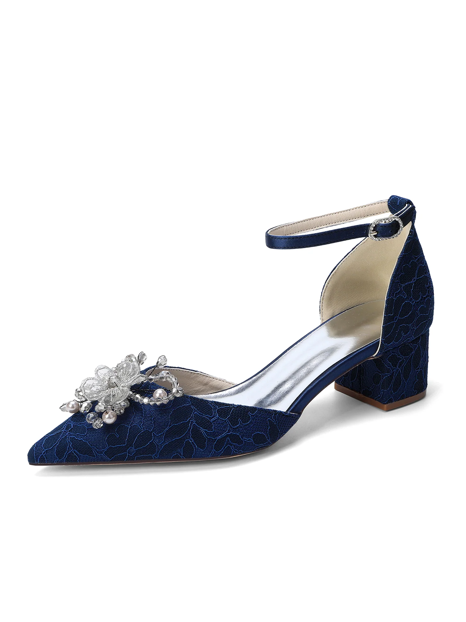Lace Block Heels with Crystal Flower Brooch - Image 3