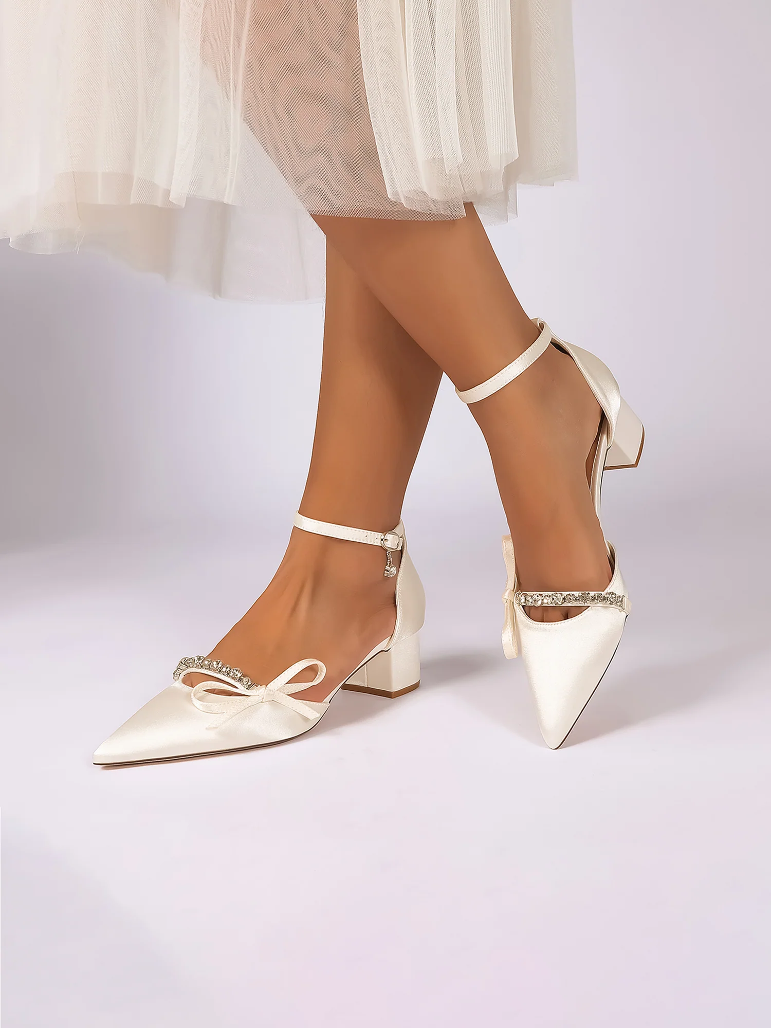 Satin Block Heels with Bowknot and Rhinestone Arch - Image 13