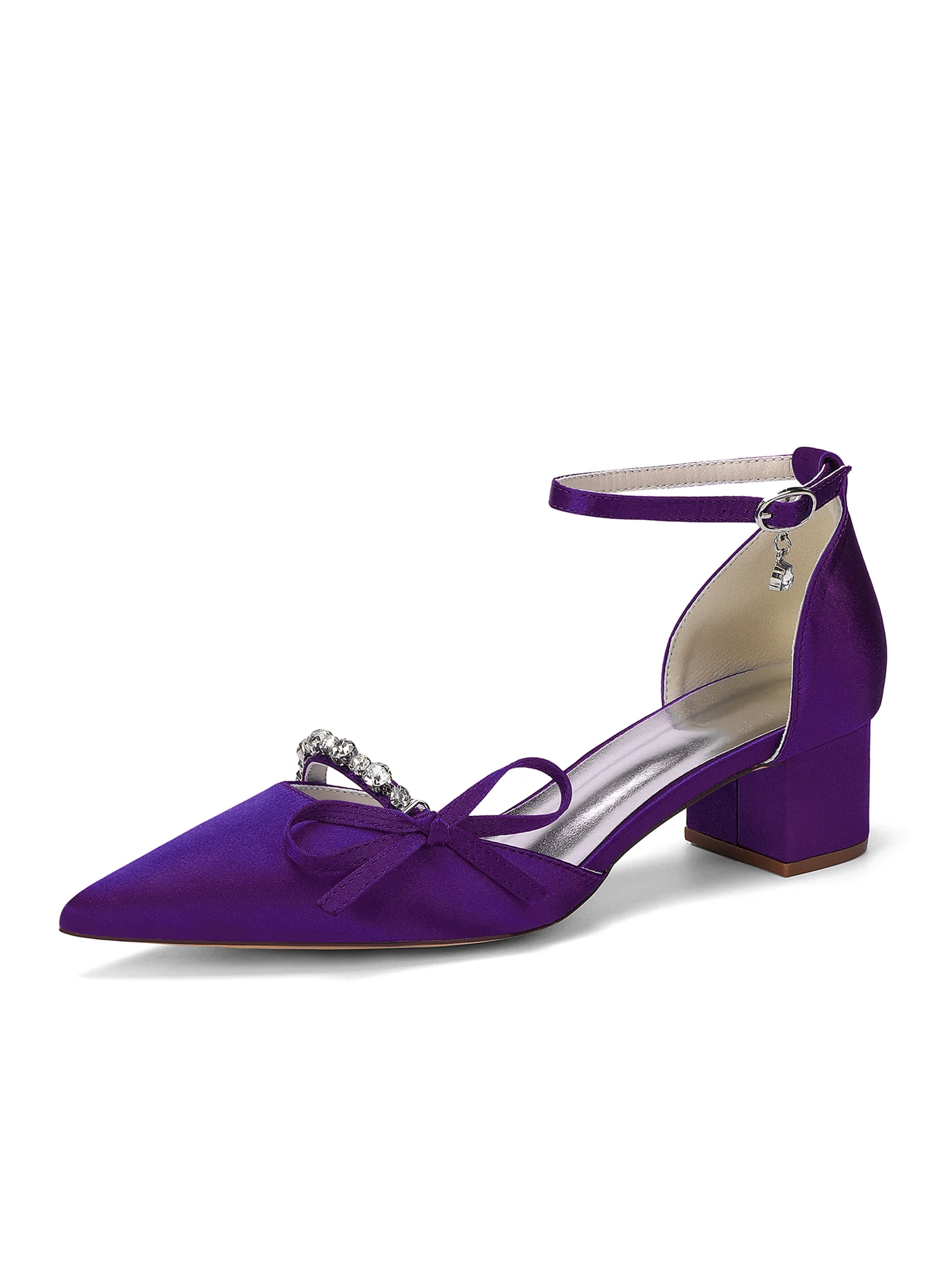 Satin Block Heels with Bowknot and Rhinestone Arch - Image 8