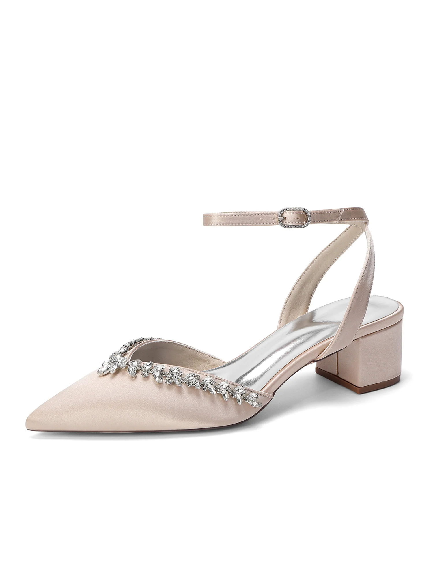 Pointed Toe Satin Block Heels with Rhinestone Trim - Image 3