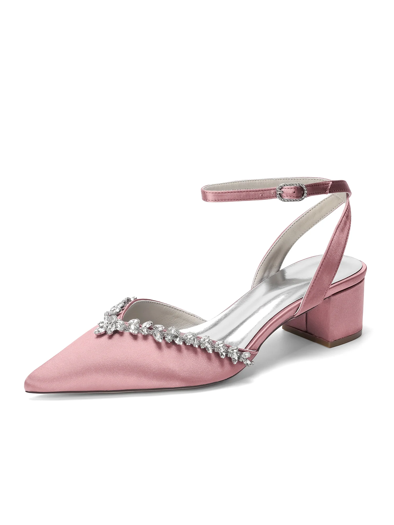 Pointed Toe Satin Block Heels with Rhinestone Trim - Image 6