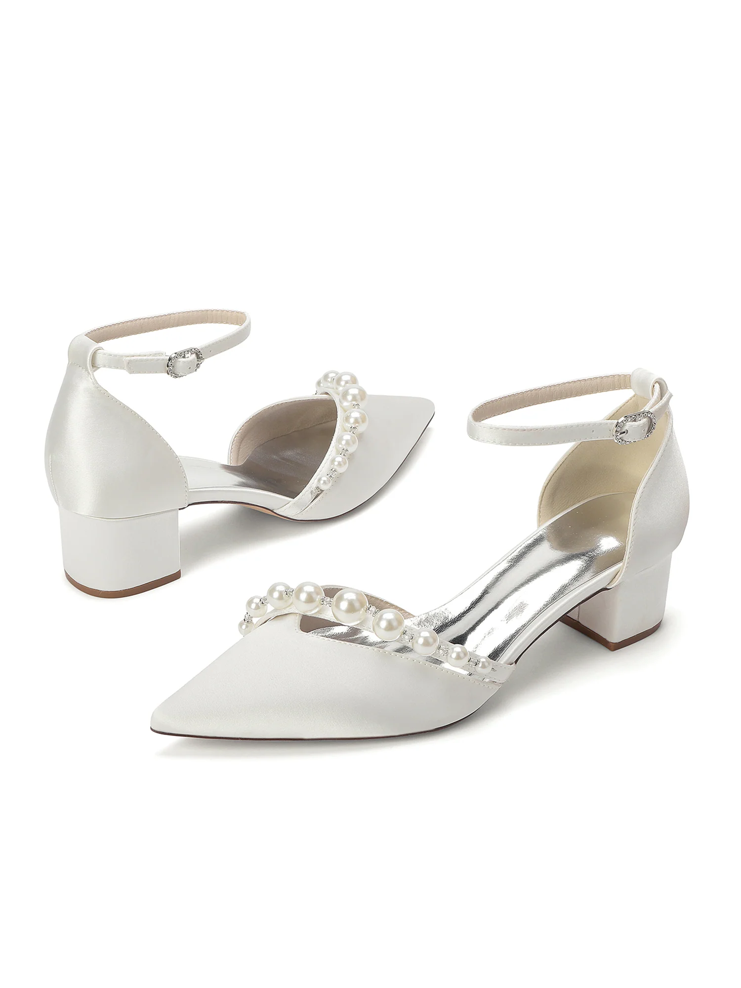 Pointed Toe Satin Block Heels with Pearl Bead Strap - Image 12
