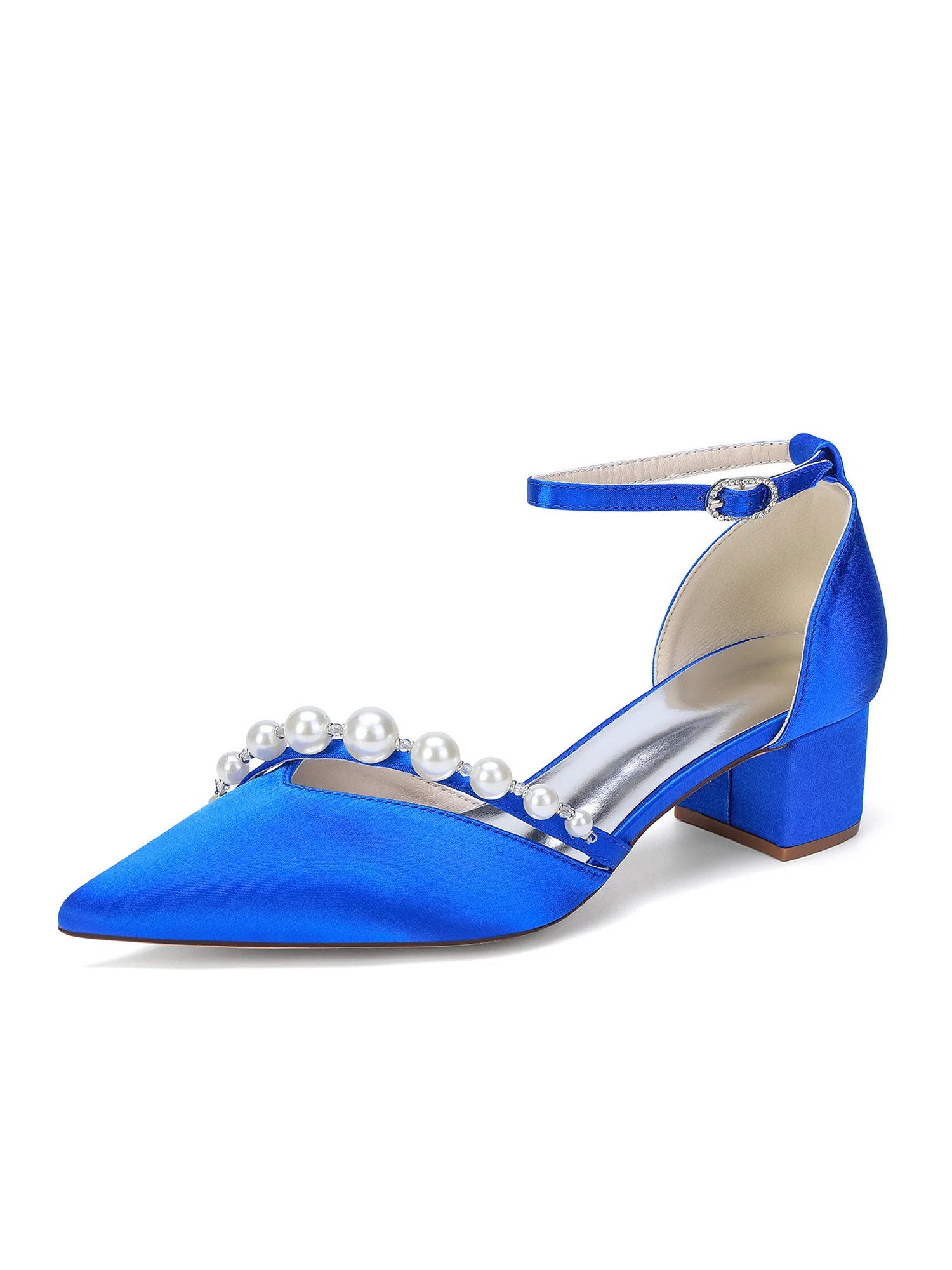Pointed Toe Satin Block Heels with Pearl Bead Strap - Image 14