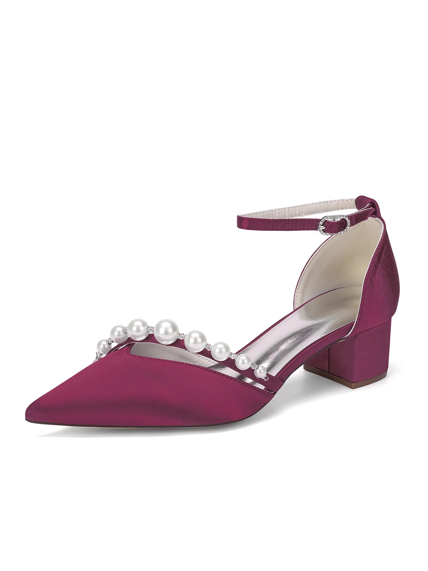 Pointed Toe Satin Block Heels with Pearl Bead Strap - Image 2