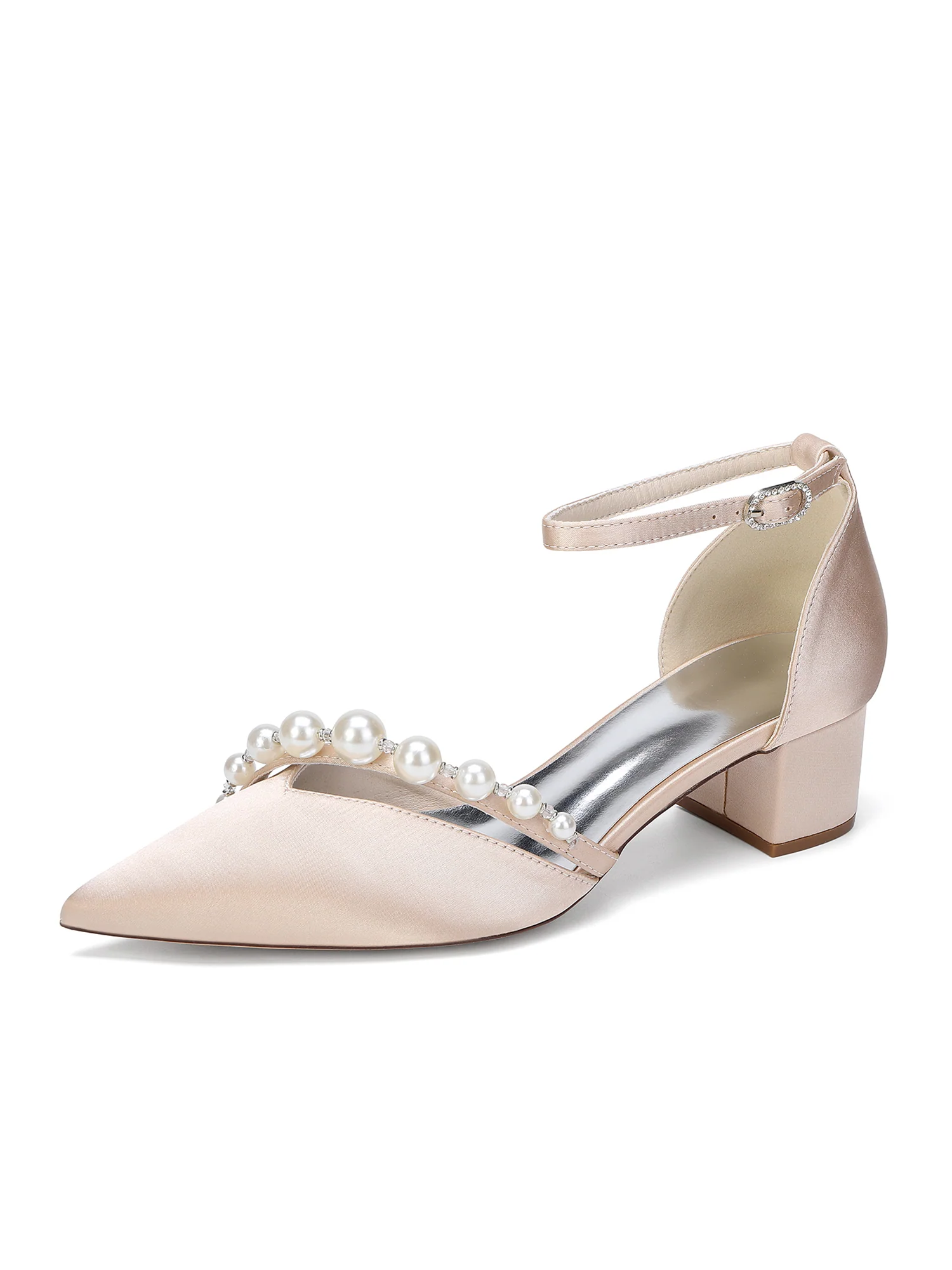 Pointed Toe Satin Block Heels with Pearl Bead Strap - Image 3