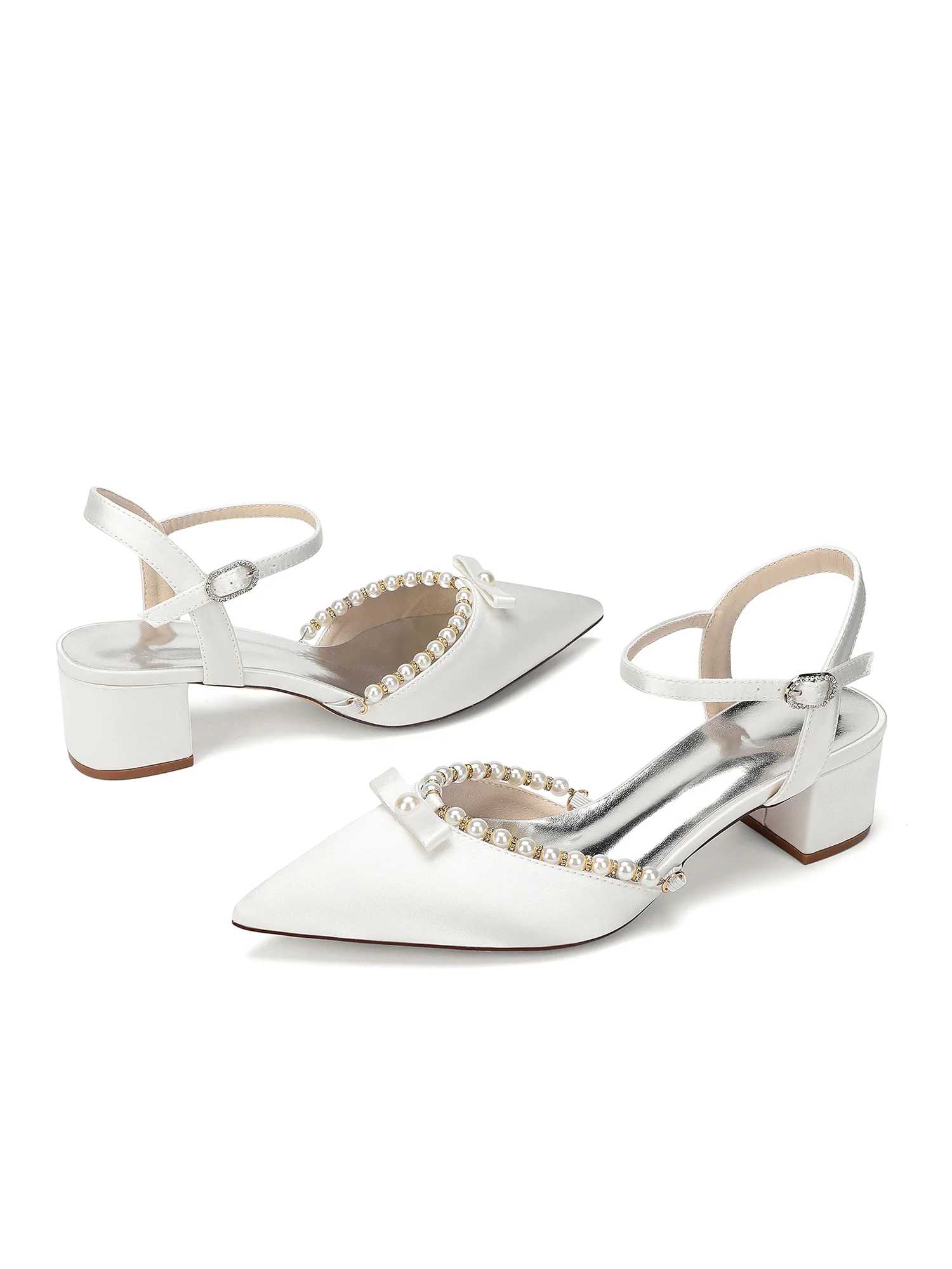 Pointed Toe Block Heels with Pearl Trim and Bowknot - Image 13
