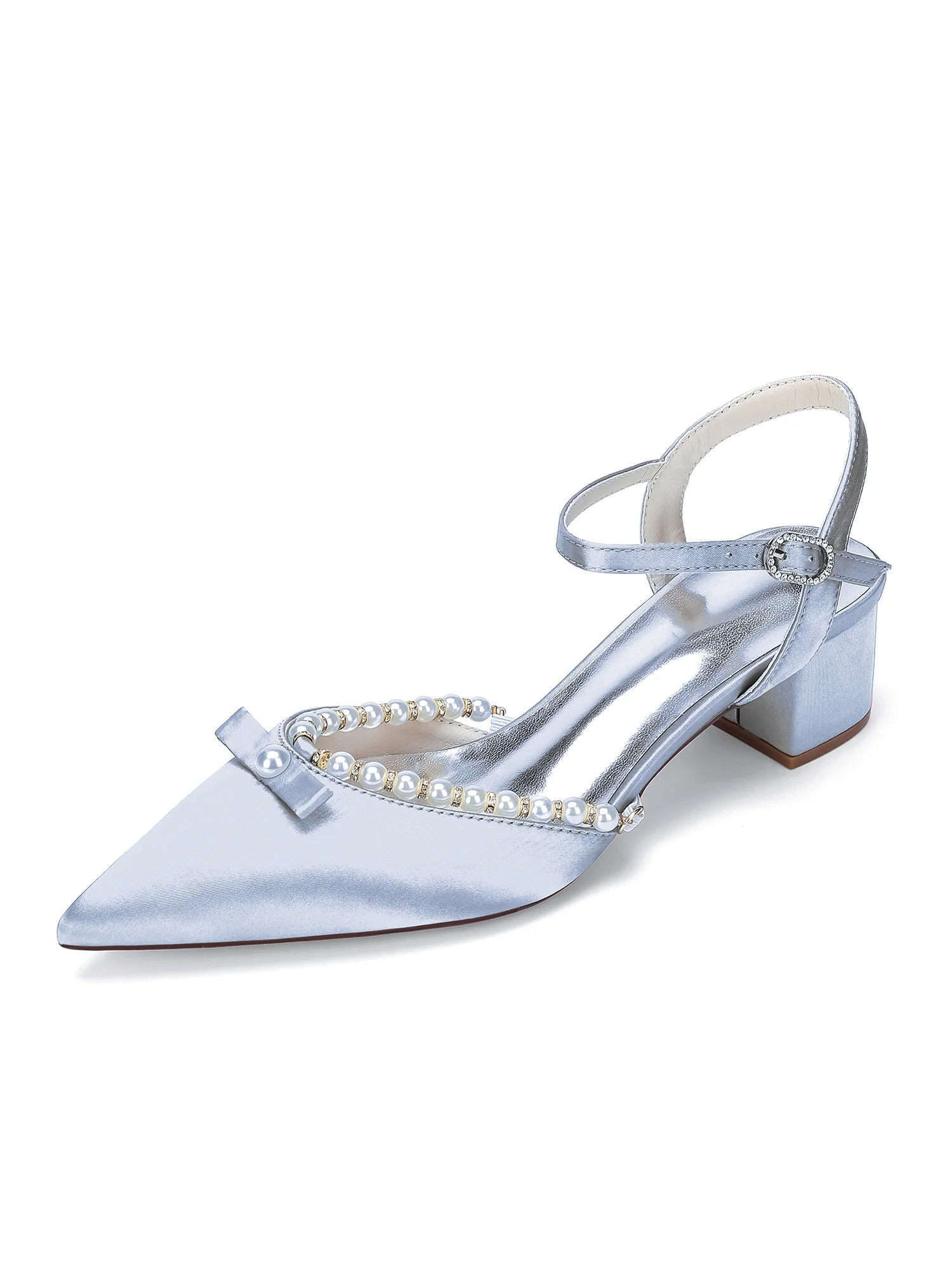 Pointed Toe Block Heels with Pearl Trim and Bowknot - Image 16