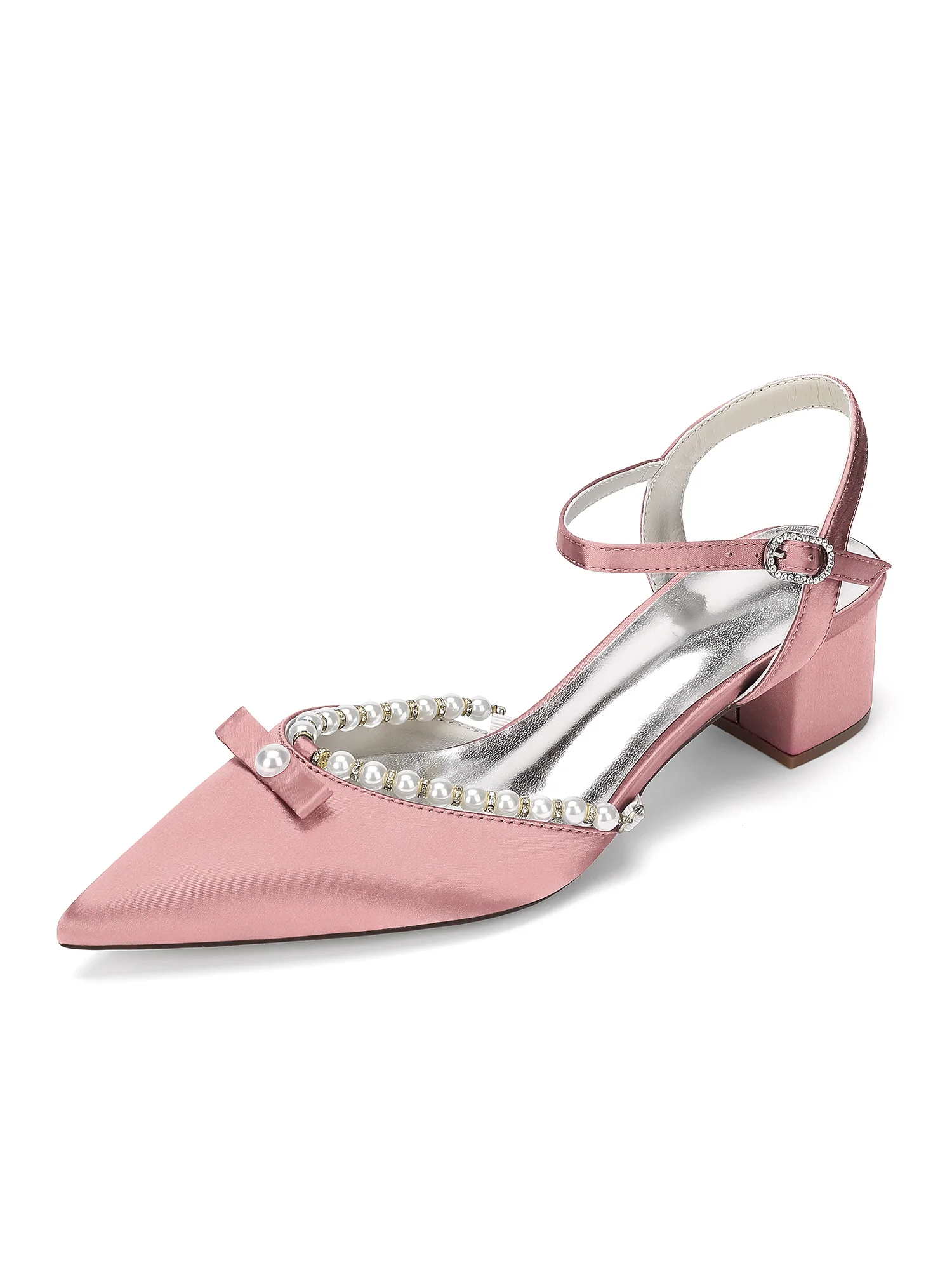 Pointed Toe Block Heels with Pearl Trim and Bowknot - Image 6