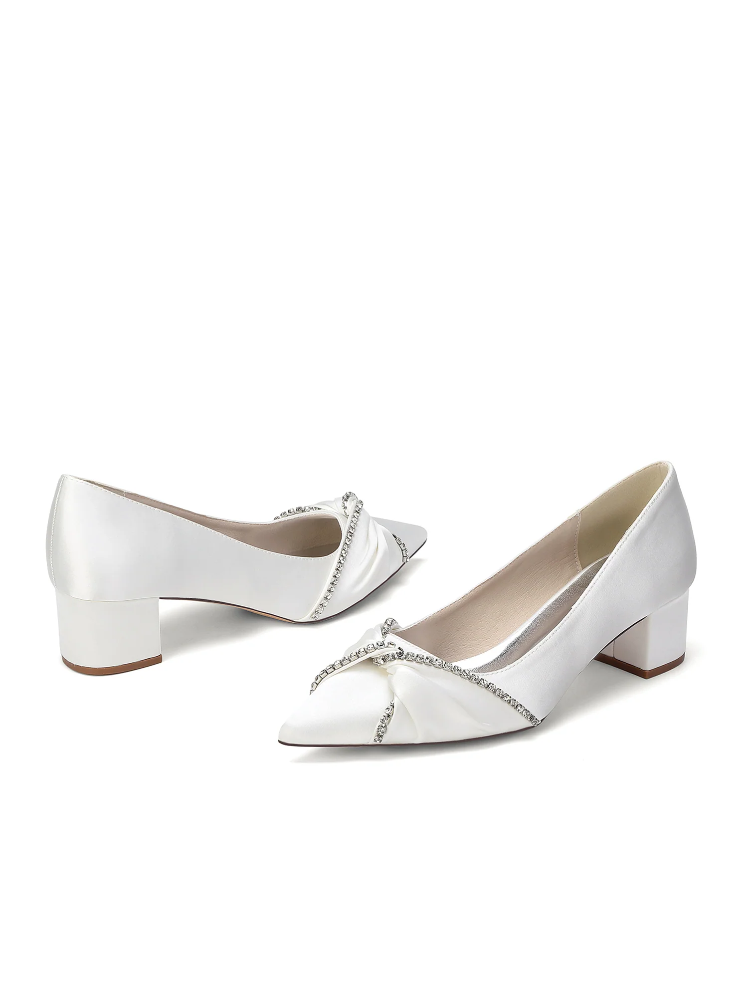 Pointed Toe Satin Block Heels with Rhinestone Trim - Image 13