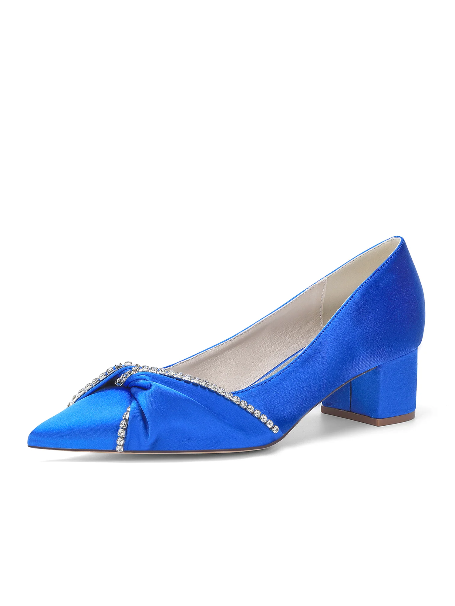 Pointed Toe Satin Block Heels with Rhinestone Trim - Image 15