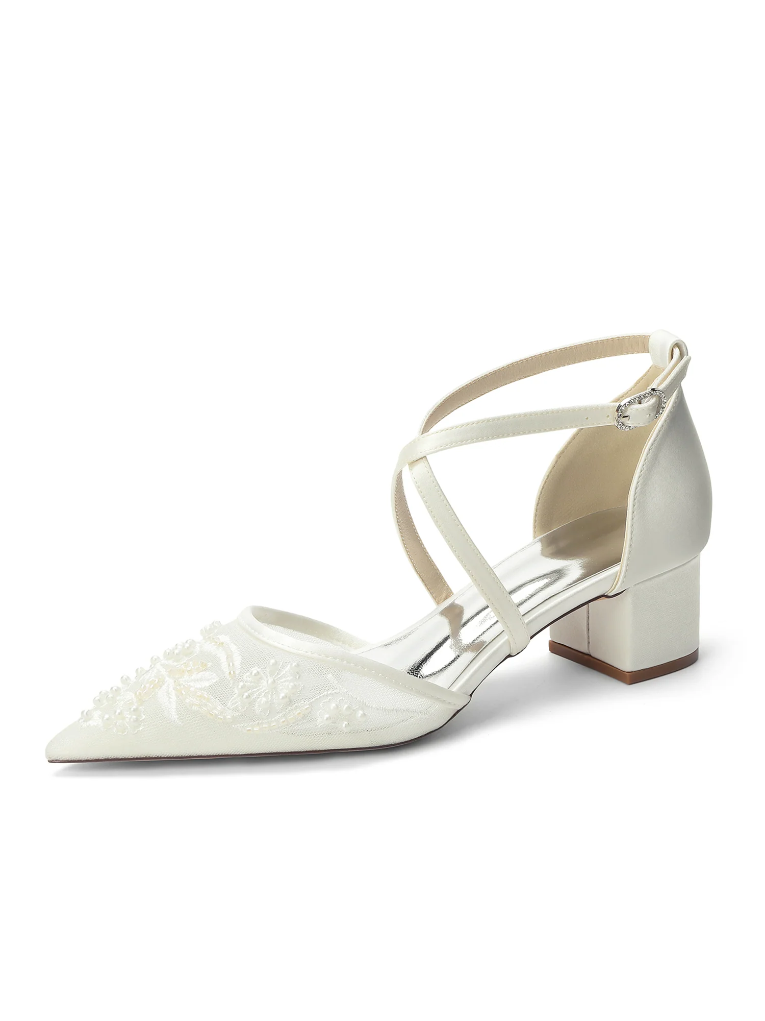 Pointed Toe Lace Mesh Cross Strap Block Heel Pumps - Image 4