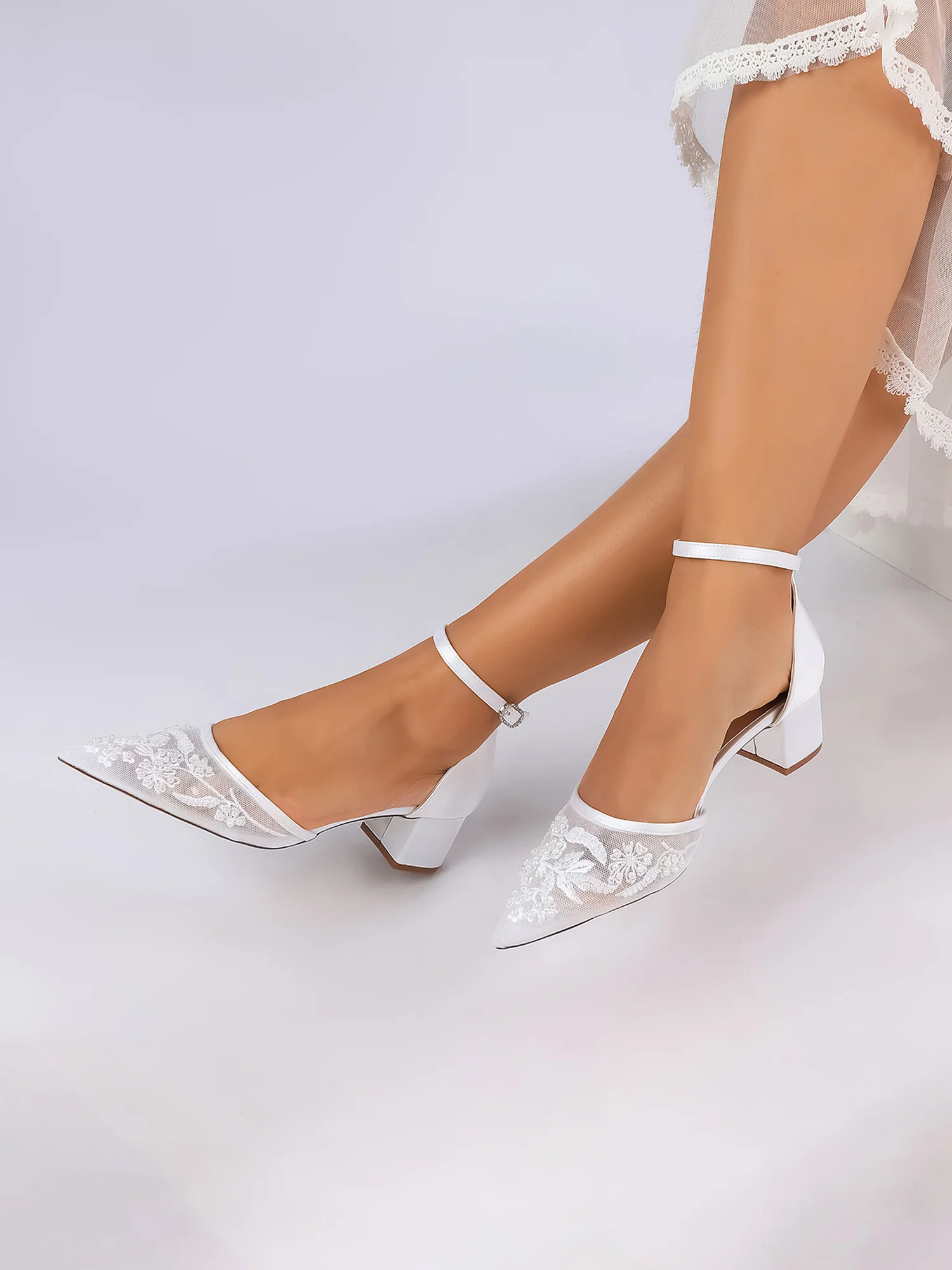 Pointed Toe Lace Mesh & Satin Block Heel D'Orsay Pumps - Image 12