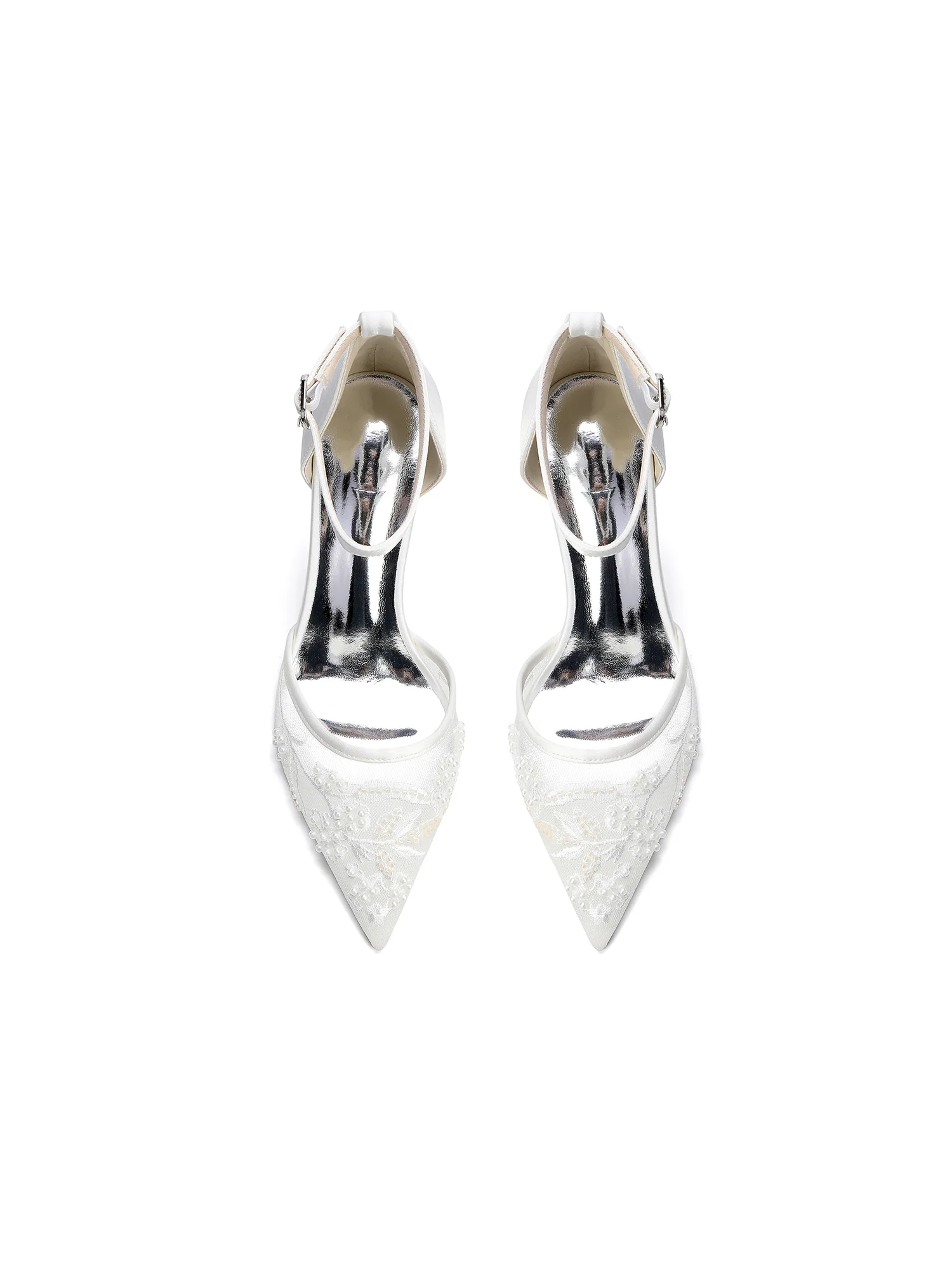 Pointed Toe Lace Mesh & Satin Block Heel D'Orsay Pumps - Image 6