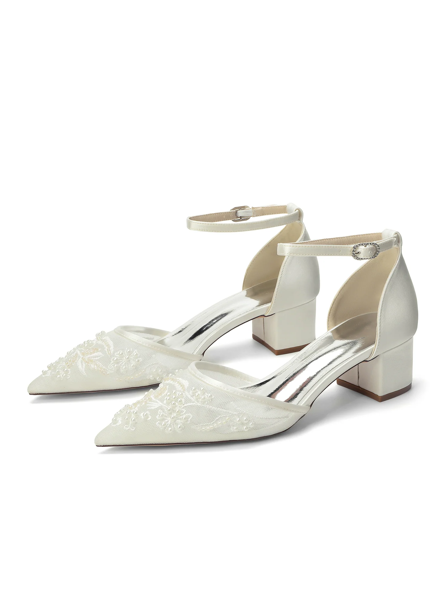 Pointed Toe Lace Mesh & Satin Block Heel D'Orsay Pumps - Image 8
