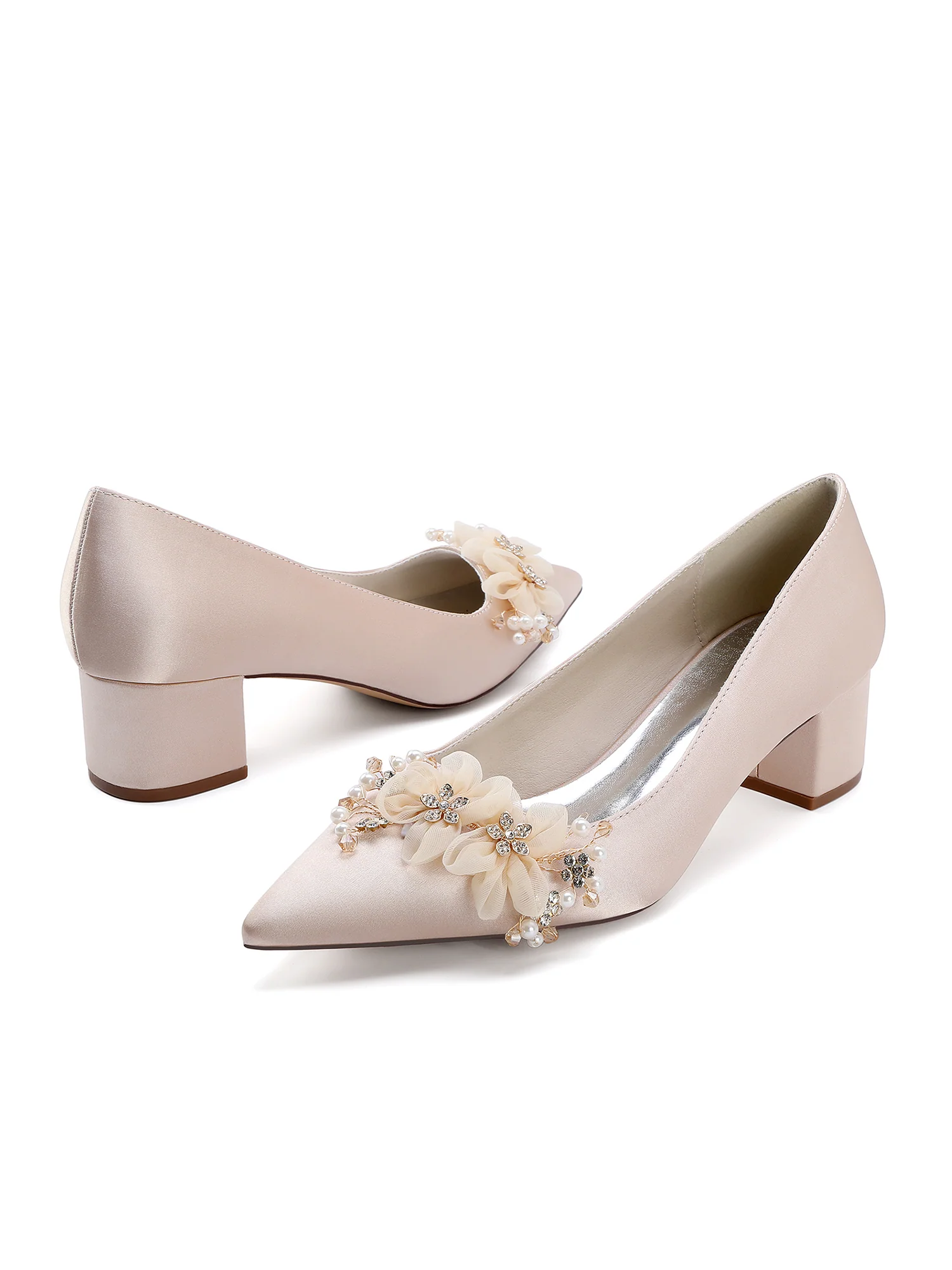Floral and Pearl Pointed Toe Block Heel Pumps - Image 6