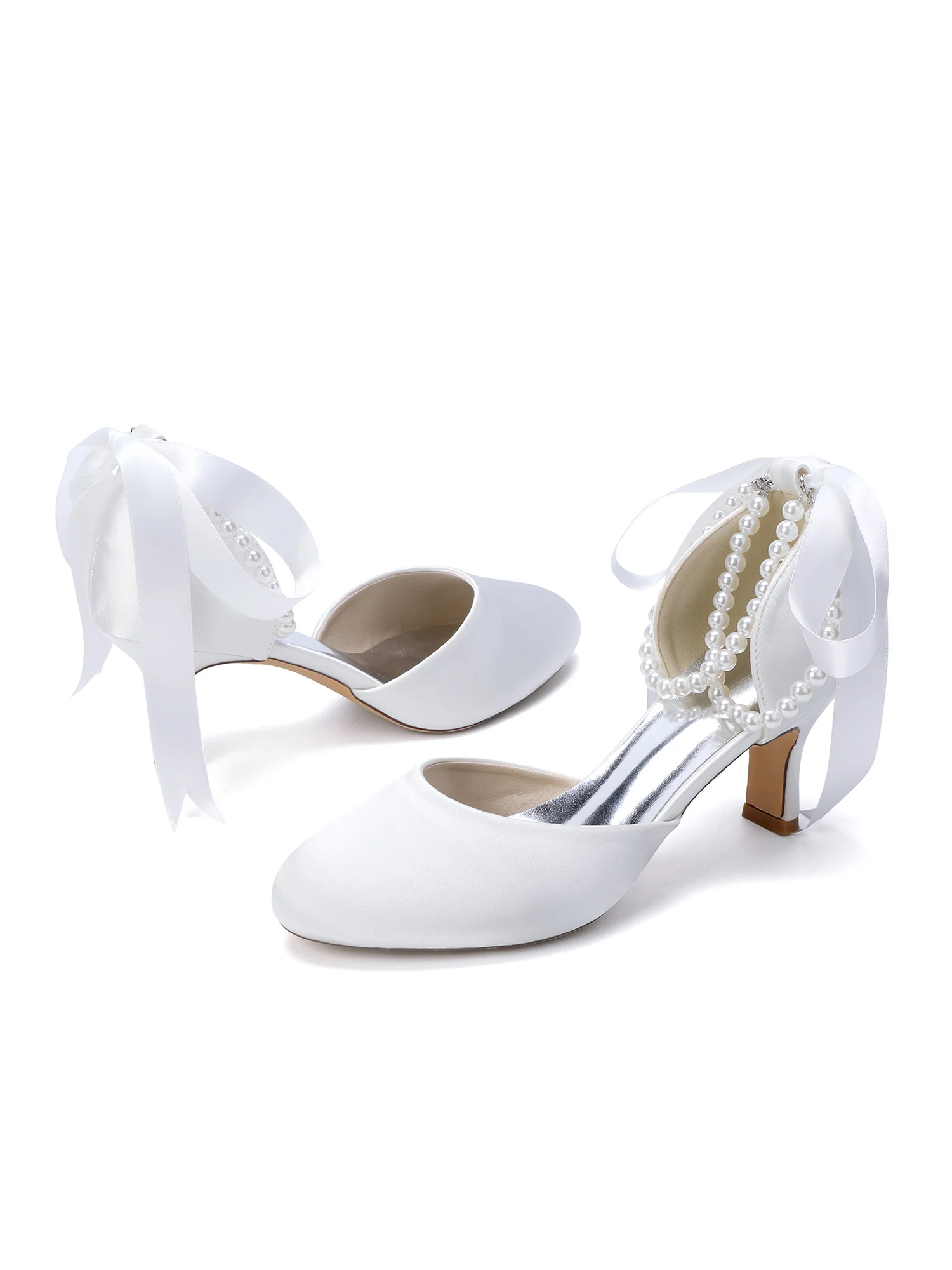 Double Pearl Ankle Strap Satin Mid Block Heels - Image 16
