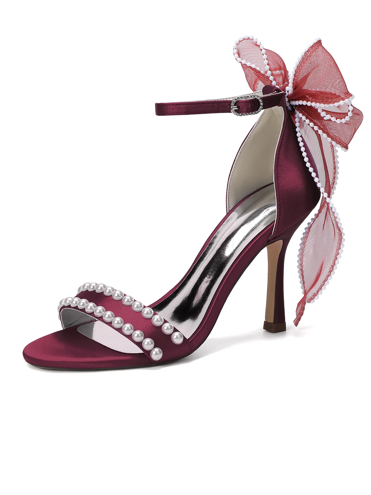 Pearl Strappy Stiletto Sandals with Tulle Bow - Image 2