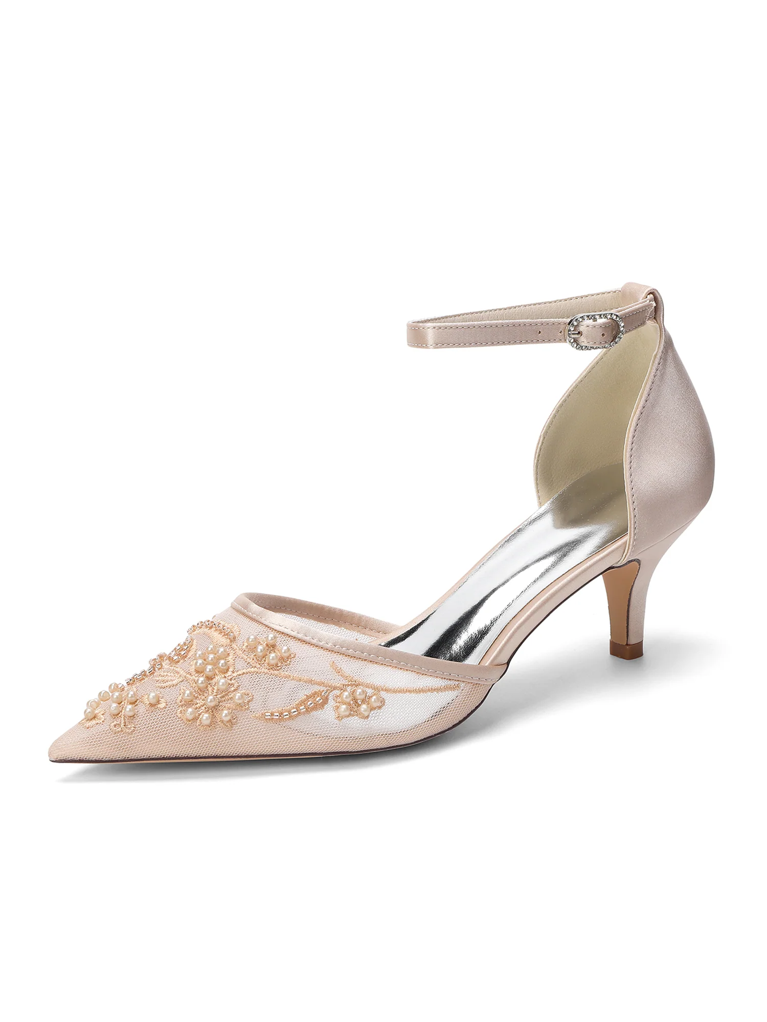 Pointed Toe Lace Mesh & Satin Kitten Heel D'Orsay Pumps