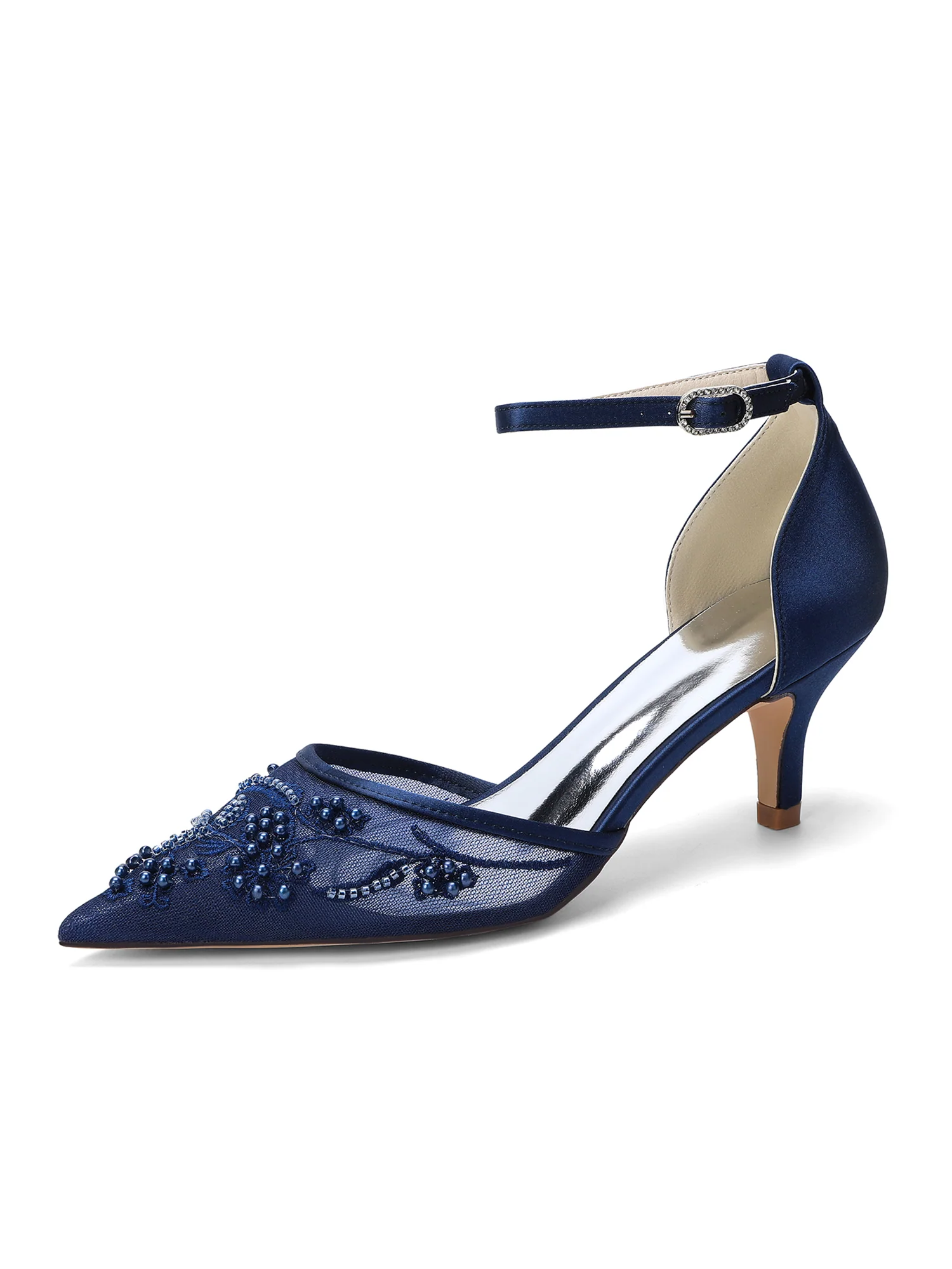 Pointed Toe Lace Mesh & Satin Kitten Heel D'Orsay Pumps - Image 2