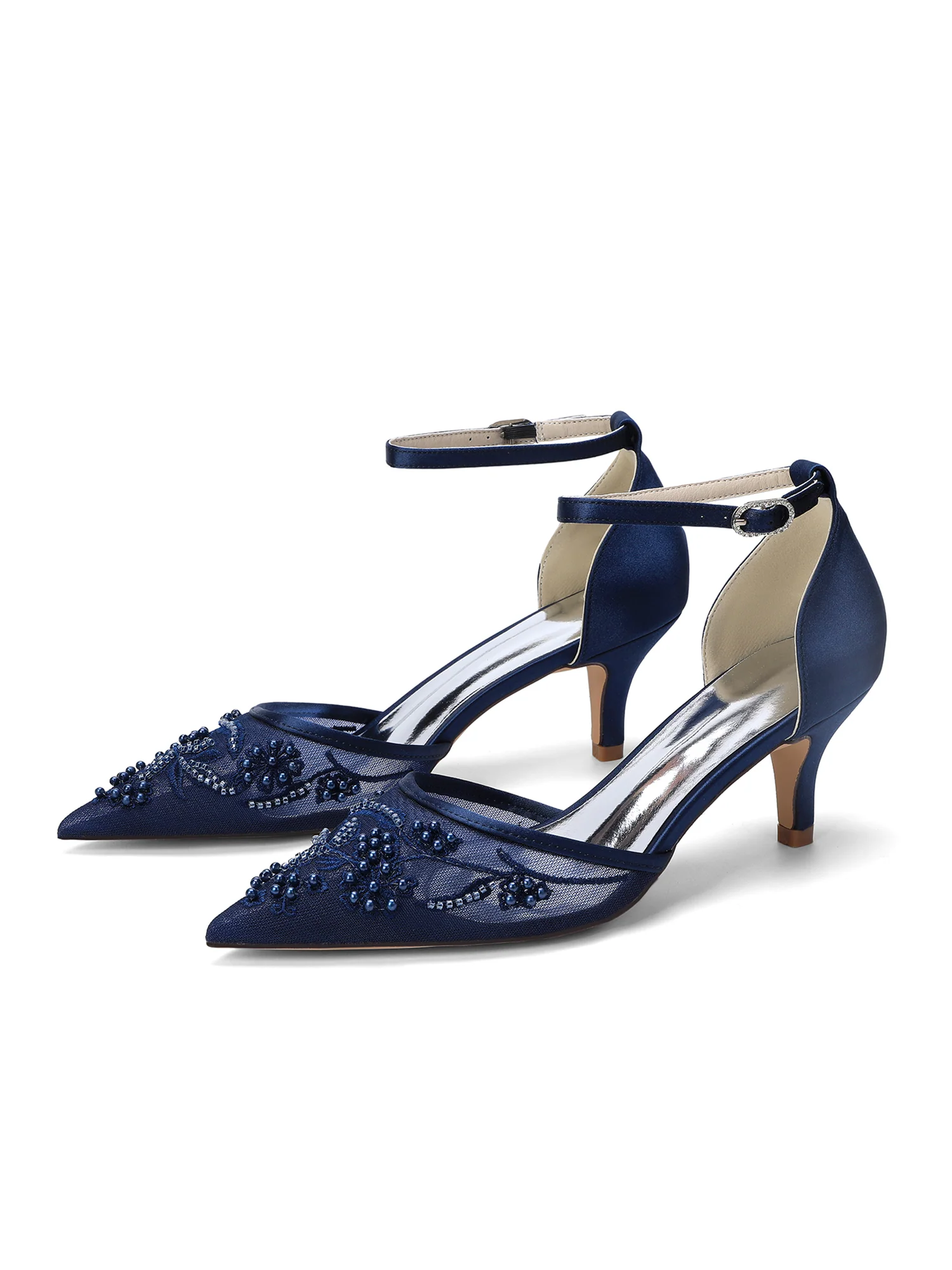 Pointed Toe Lace Mesh & Satin Kitten Heel D'Orsay Pumps - Image 3