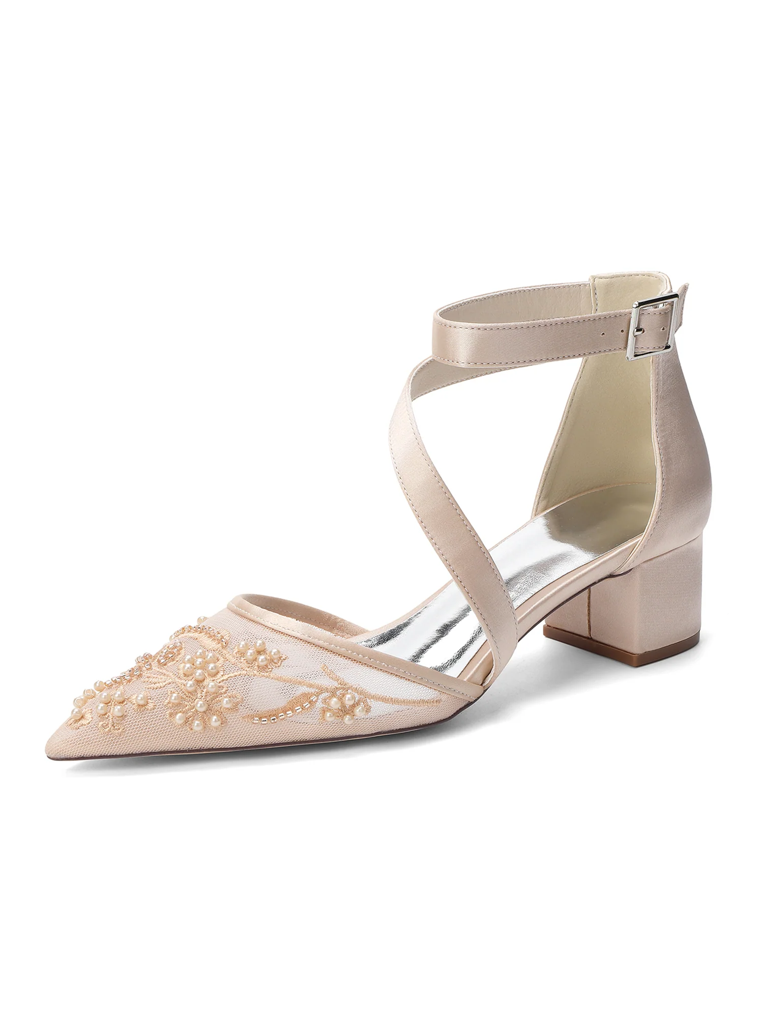 Pointed Toe Lace Mesh Diagonal Strap Block Heel Pumps