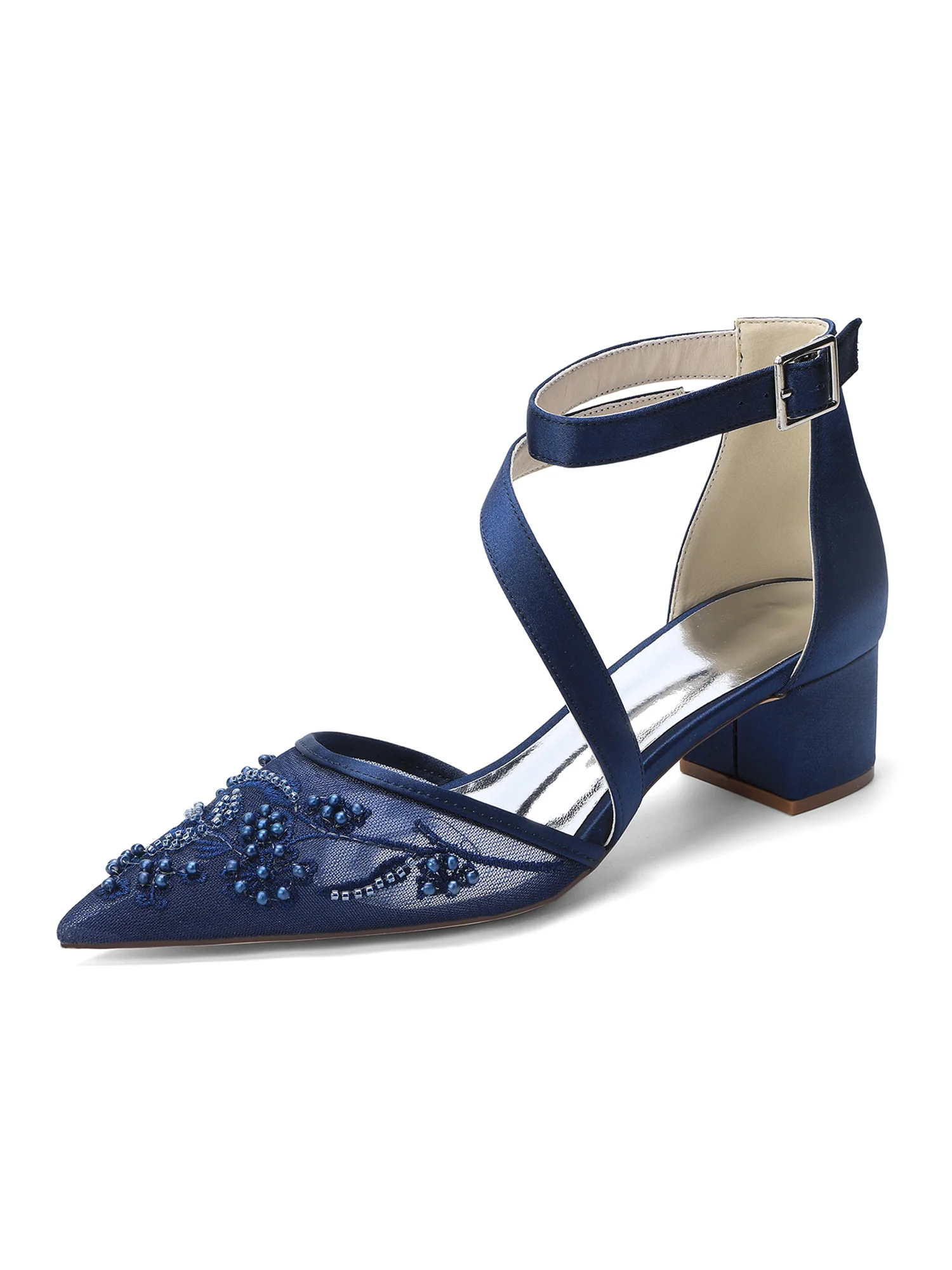Pointed Toe Lace Mesh Diagonal Strap Block Heel Pumps - Image 3