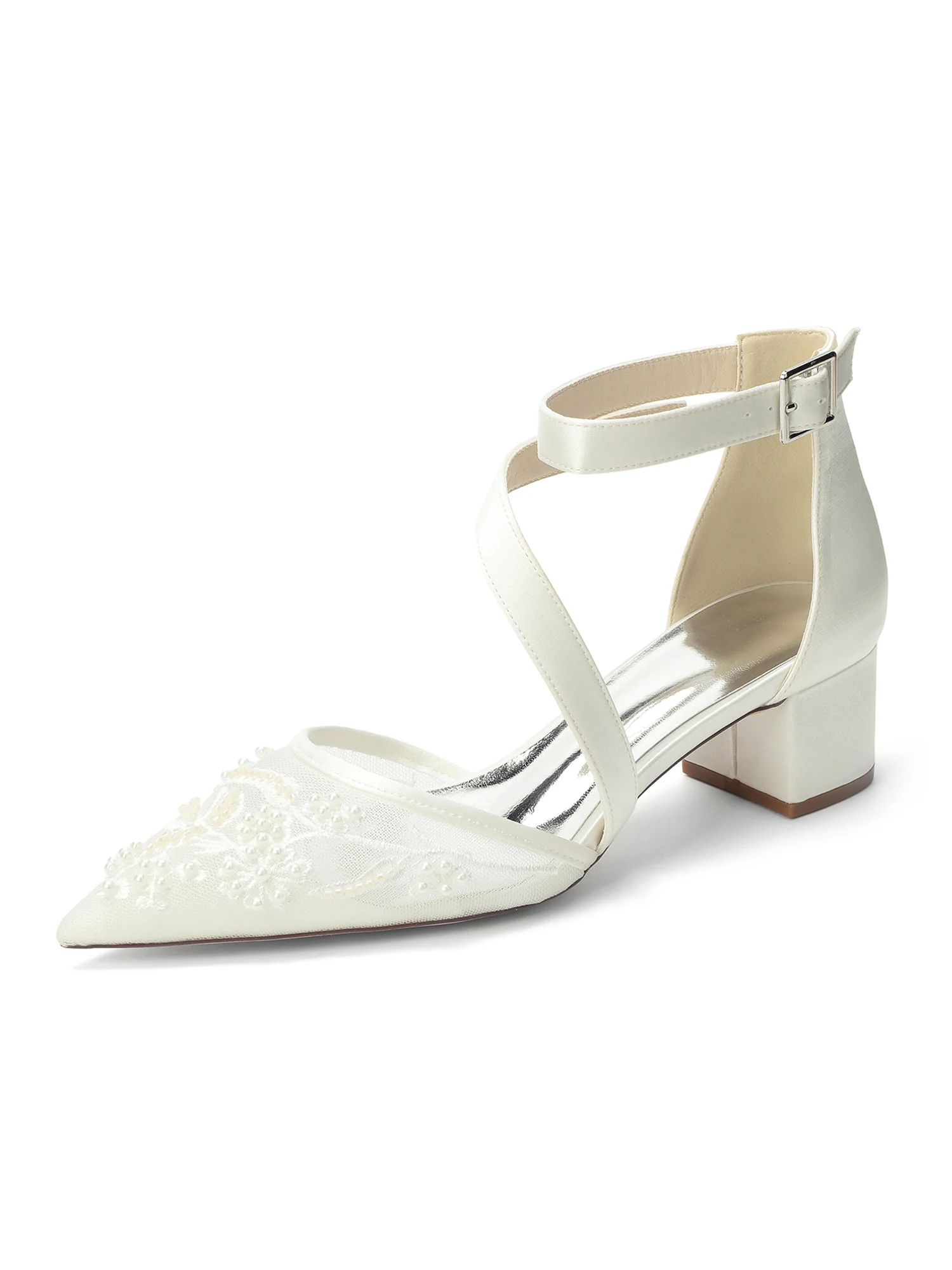 Pointed Toe Lace Mesh Diagonal Strap Block Heel Pumps - Image 4