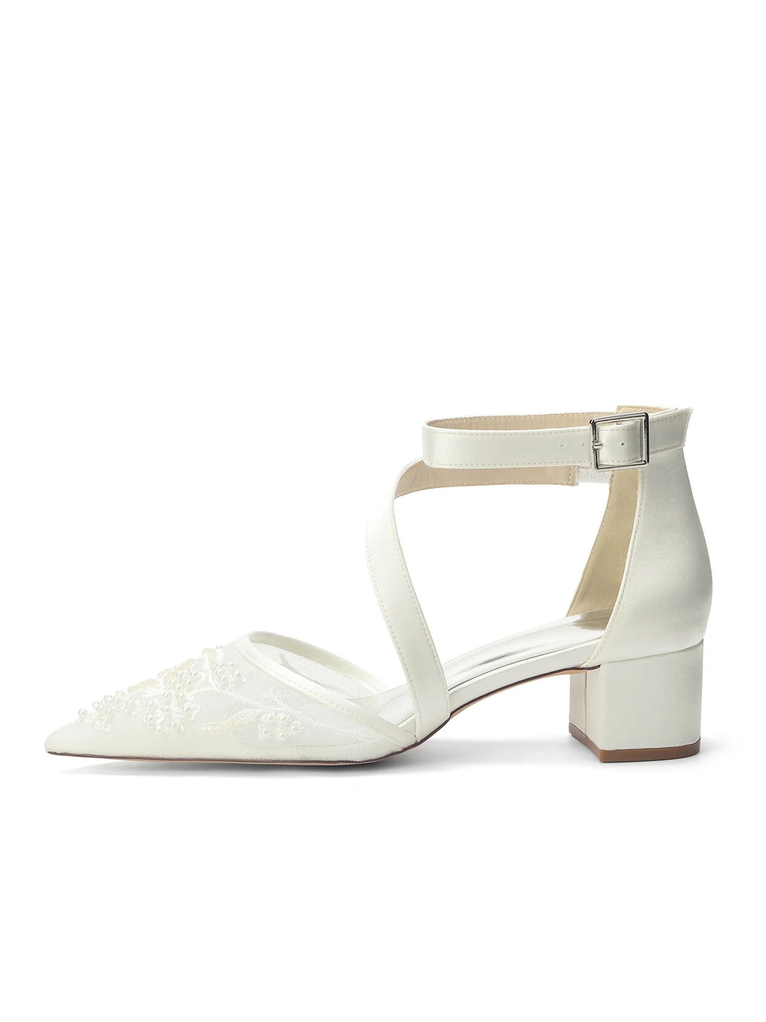 Pointed Toe Lace Mesh Diagonal Strap Block Heel Pumps - Image 5