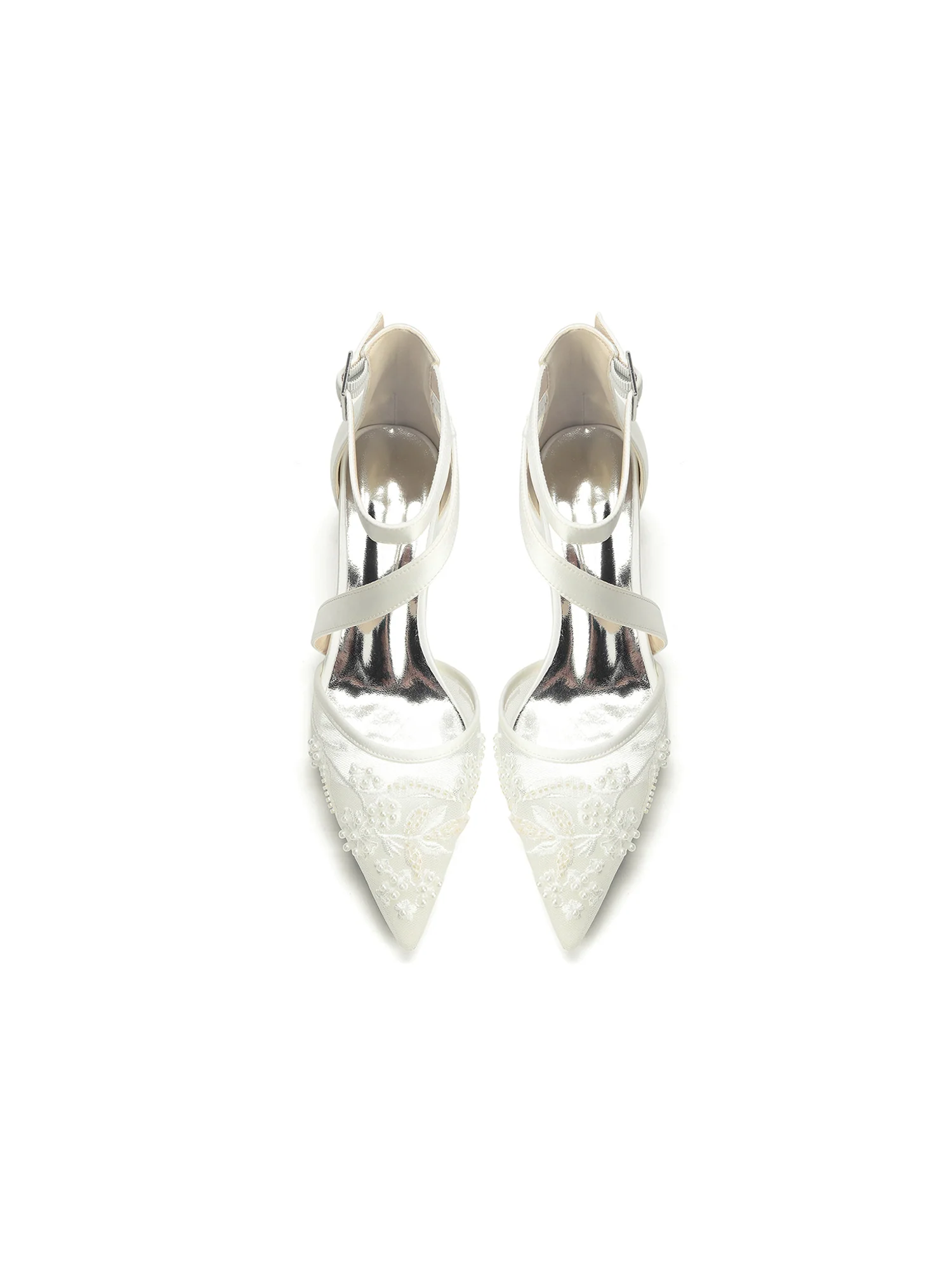 Pointed Toe Lace Mesh Diagonal Strap Block Heel Pumps - Image 7