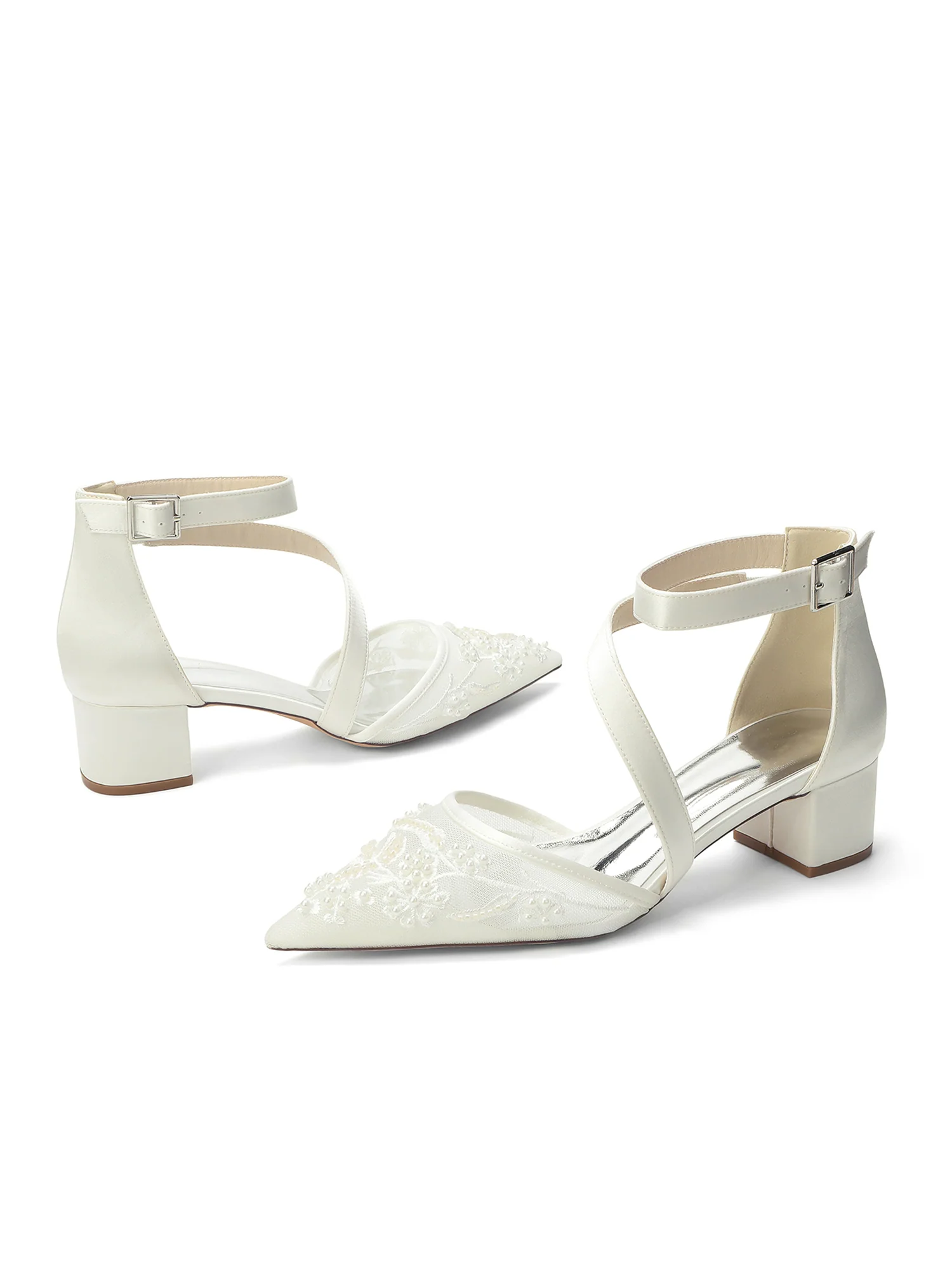 Pointed Toe Lace Mesh Diagonal Strap Block Heel Pumps - Image 8