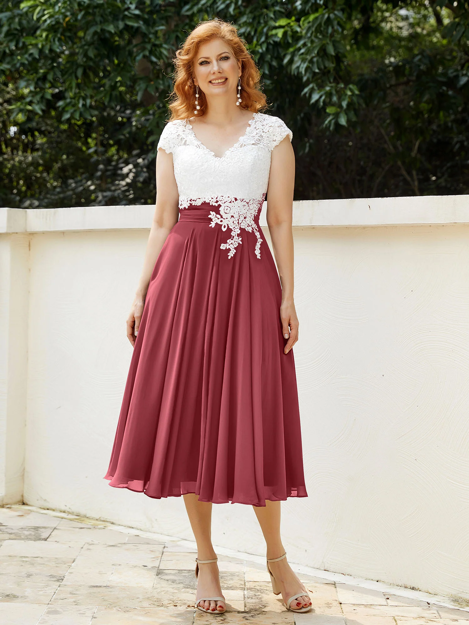 V Neck Chiffon Dress with Ivory Appliqued Bodice Cinnamon Rose