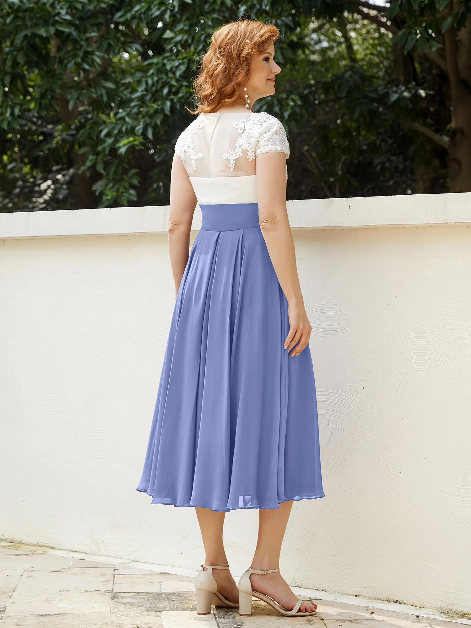 V Neck Chiffon Dress with Ivory Appliqued Bodice Periwinkle - Image 2