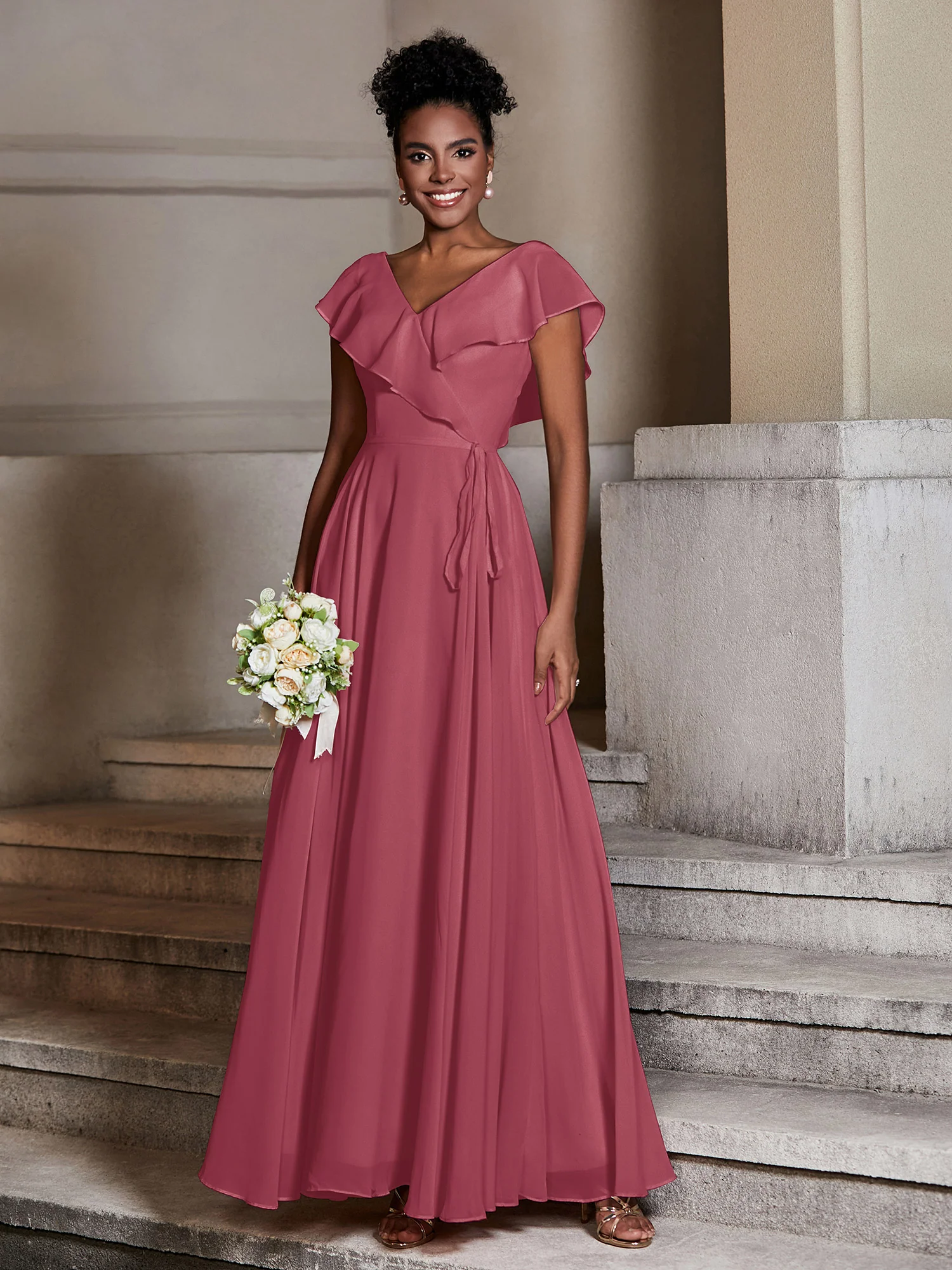 V neck Chiffon Dresses with Cap Sleeves Cinnamon Rose Plus Size
