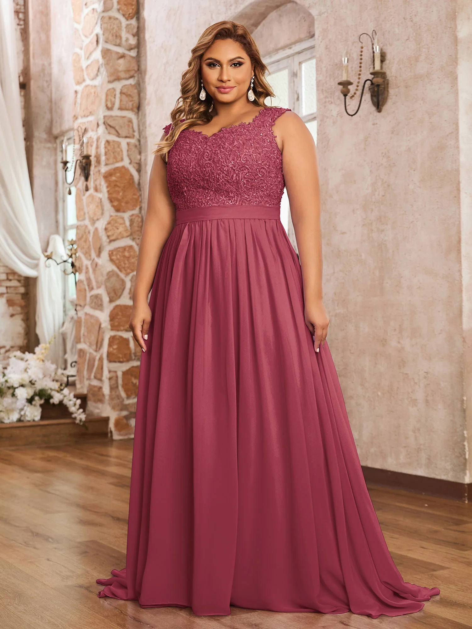 Appliqued and Beaded Dress with Sweetheart Neck Cinnamon Rose Plus Size - Image 3