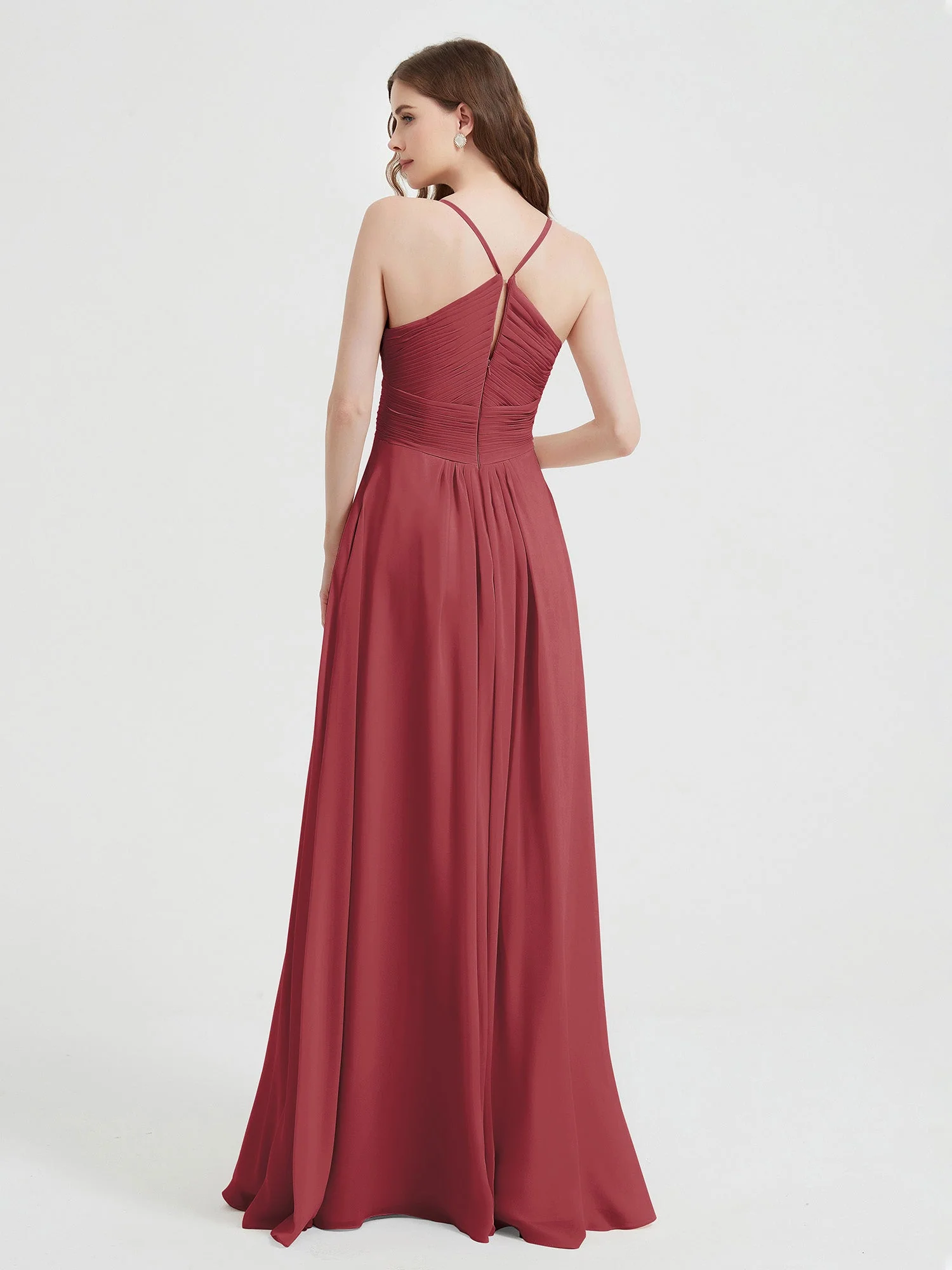 Spaghetti Strap V neck Chiffon Dress with Pockets Cinnamon Rose - Image 2