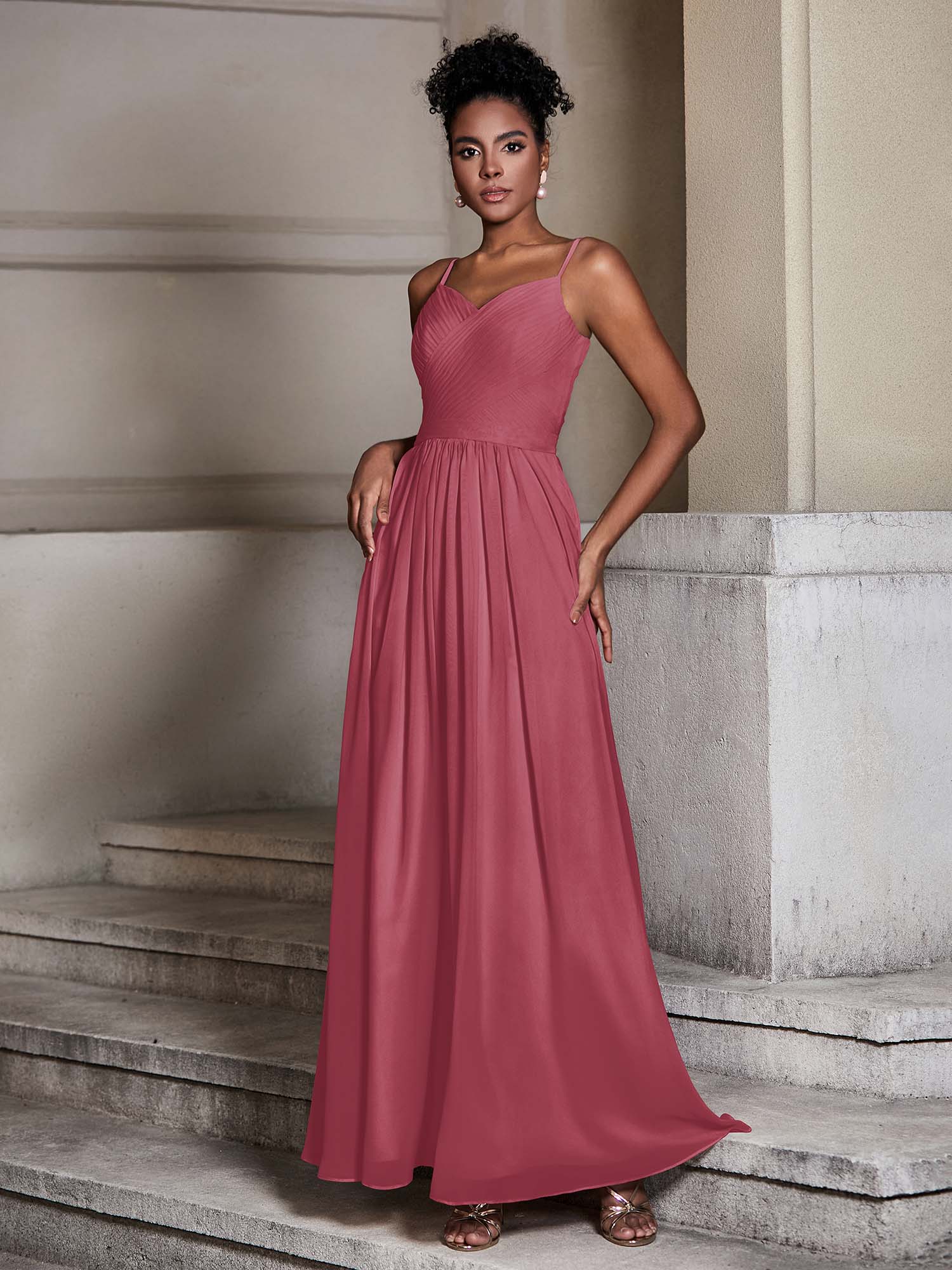 Cross Pleated Bodice Spaghetti Strap Dresses Cinnamon Rose Plus Size - Image 3