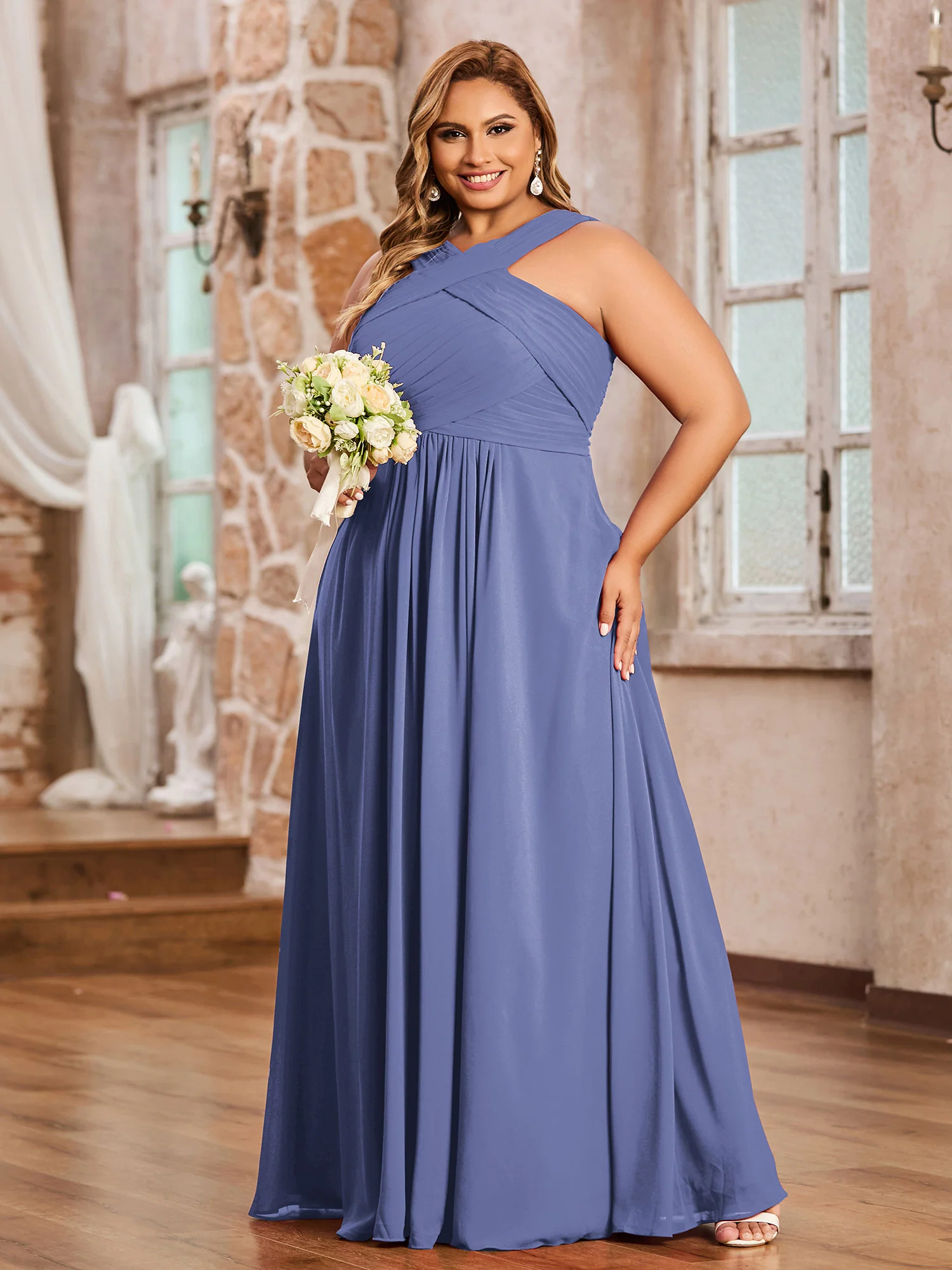 Cross Shoulder Strap Chiffon Dress with Empire Waist Periwinkle Plus Size - Image 3