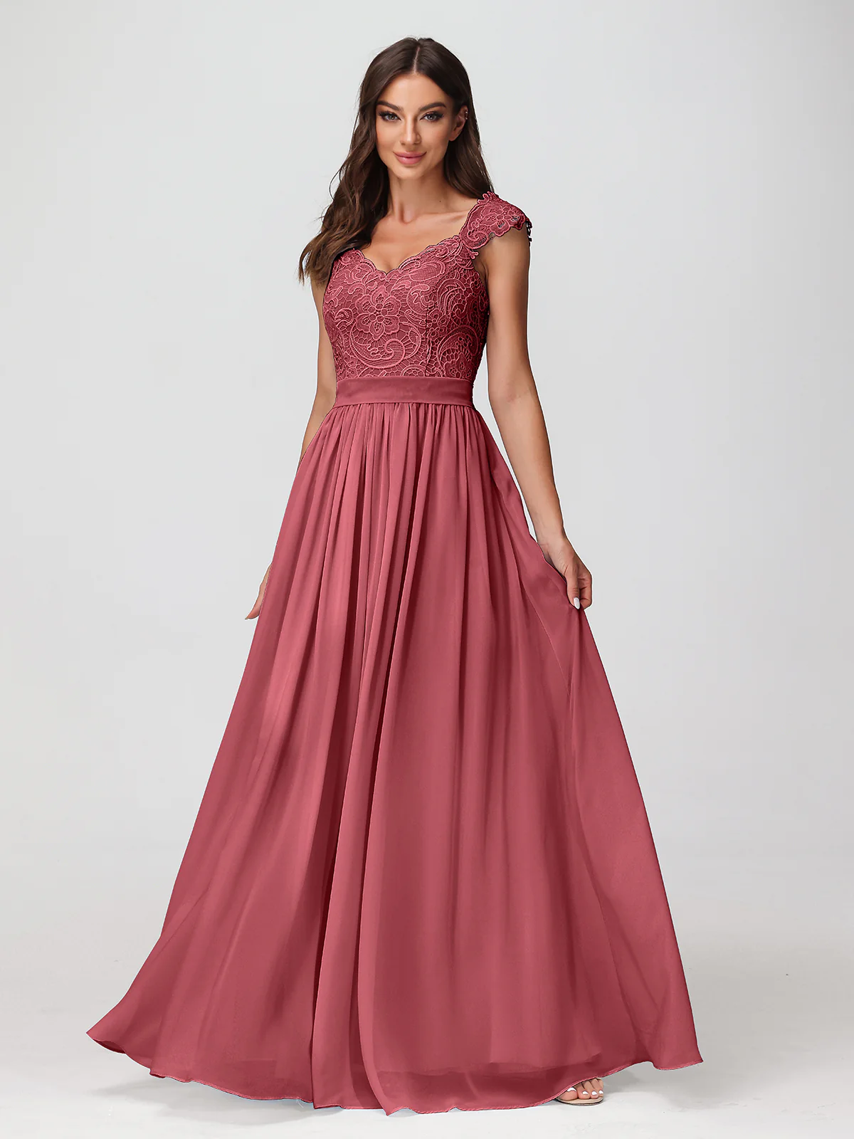 Long Chiffon Dress with Lace Appliqued Bodice-Cinnamon Rose Plus Size - Image 4