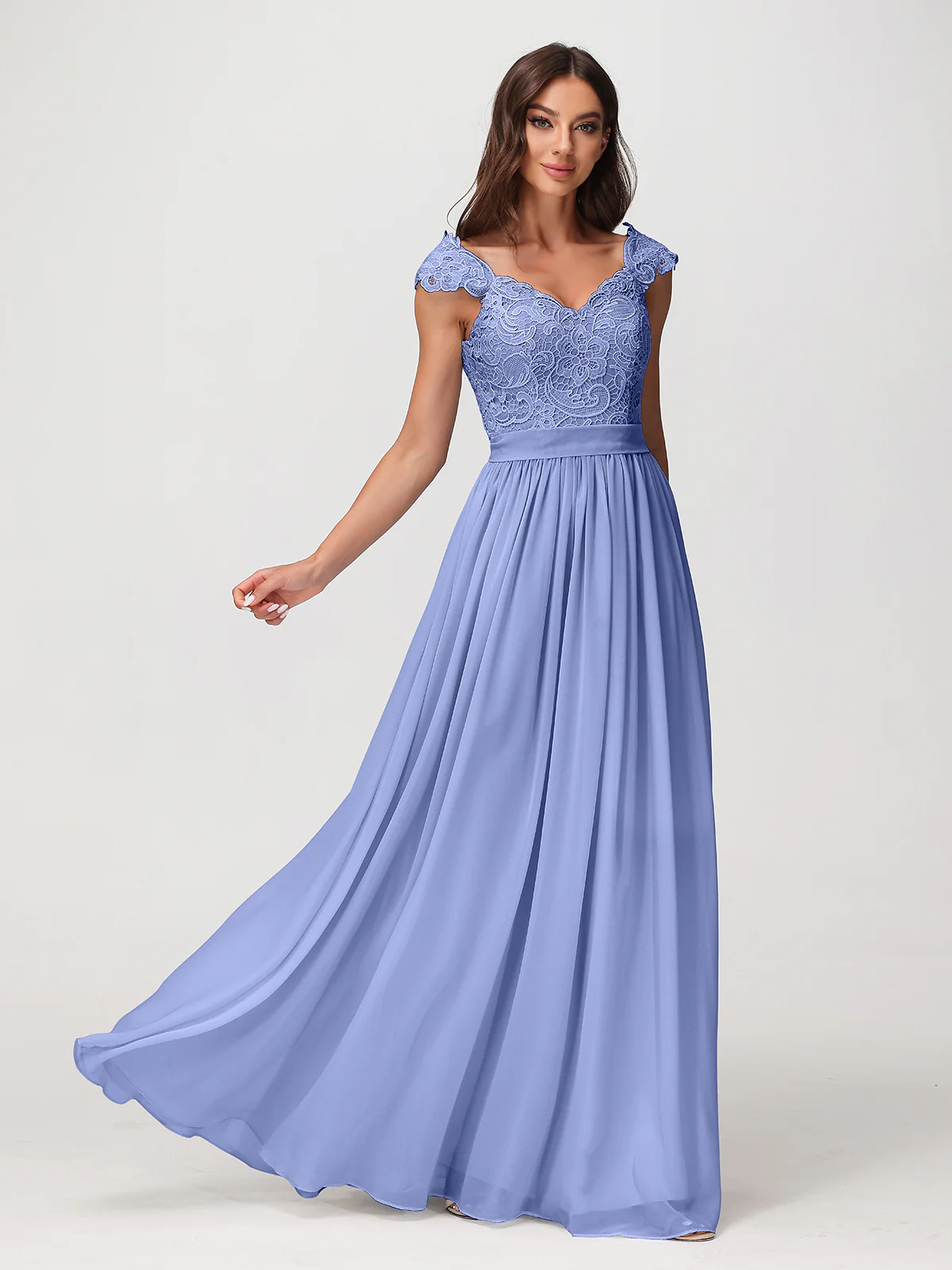 Long Chiffon Dress with Lace Appliqued Bodice-Periwinkle Plus Size - Image 6